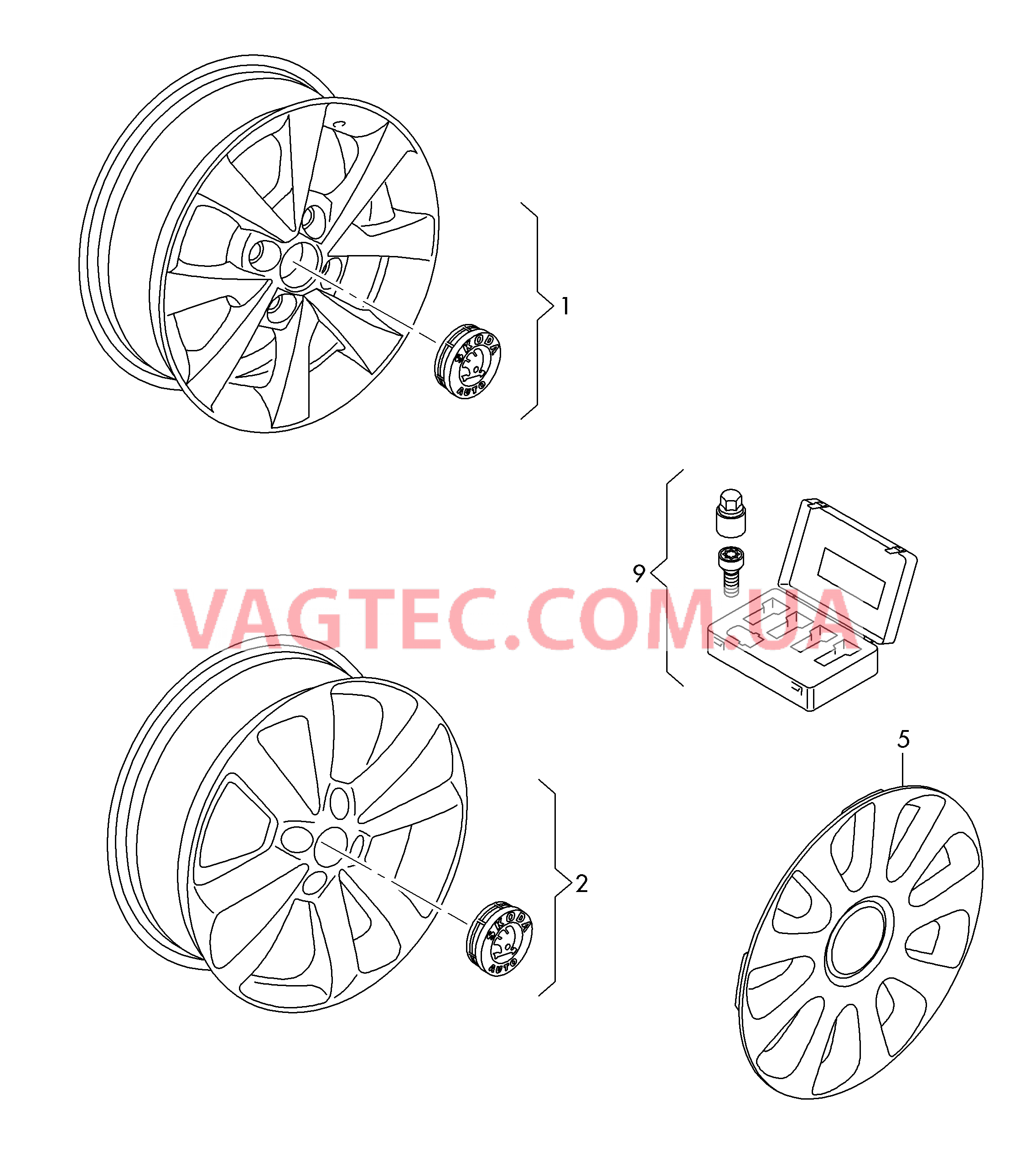 Оригинальные аксессуары Алюминиевый диск Колёсный колпак 1 к-т колёсных болтов, секретки  для SKODA Citigo 2017