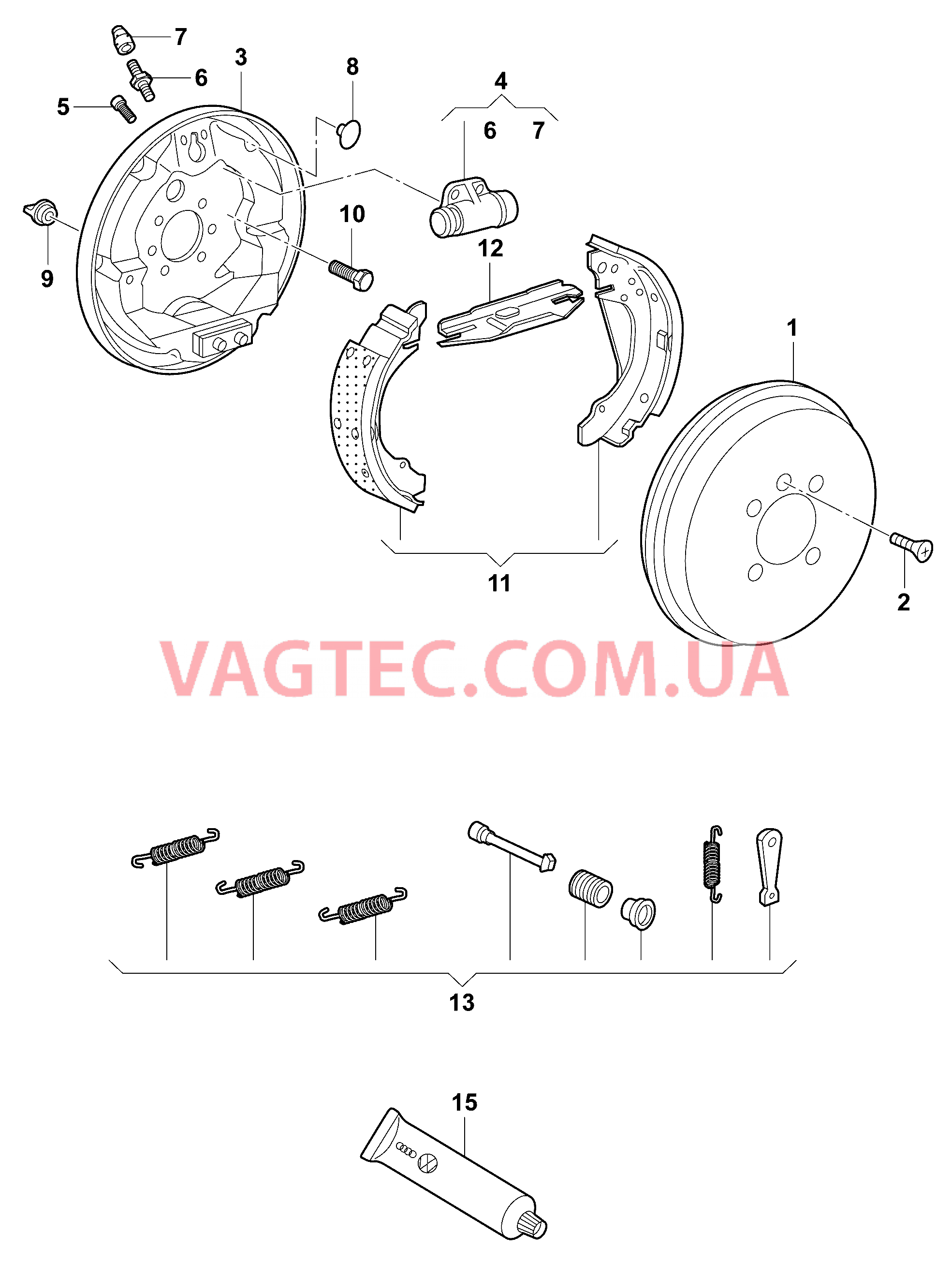 Барабанные тормоза *Внимание! Смешан. установка! *Для замены возможно только *использование деталей *с такими же номерами  для VOLKSWAGEN Polo 2014-1