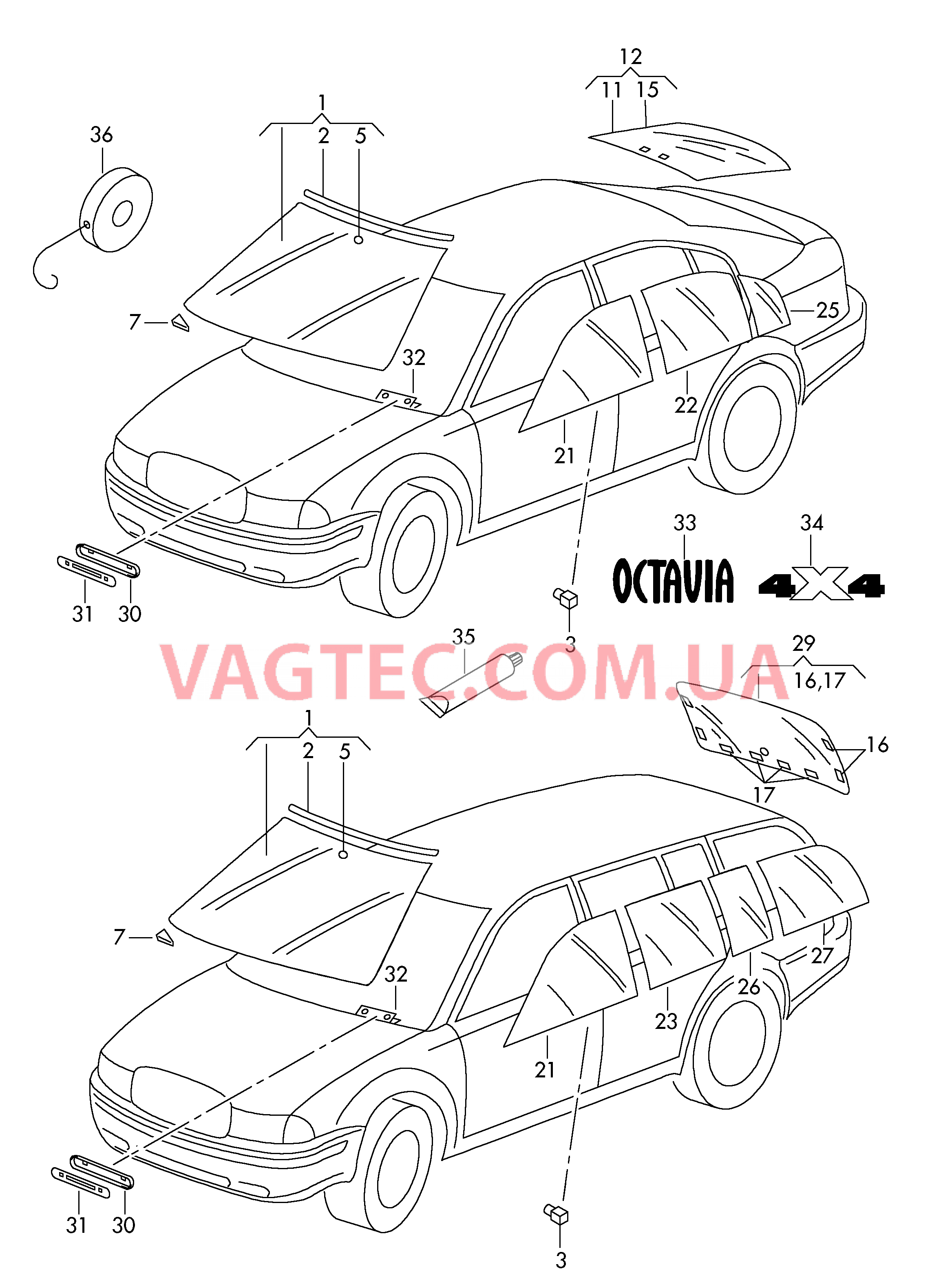 Cтекла оконные, уплотнители  для SKODA Octavia 2008