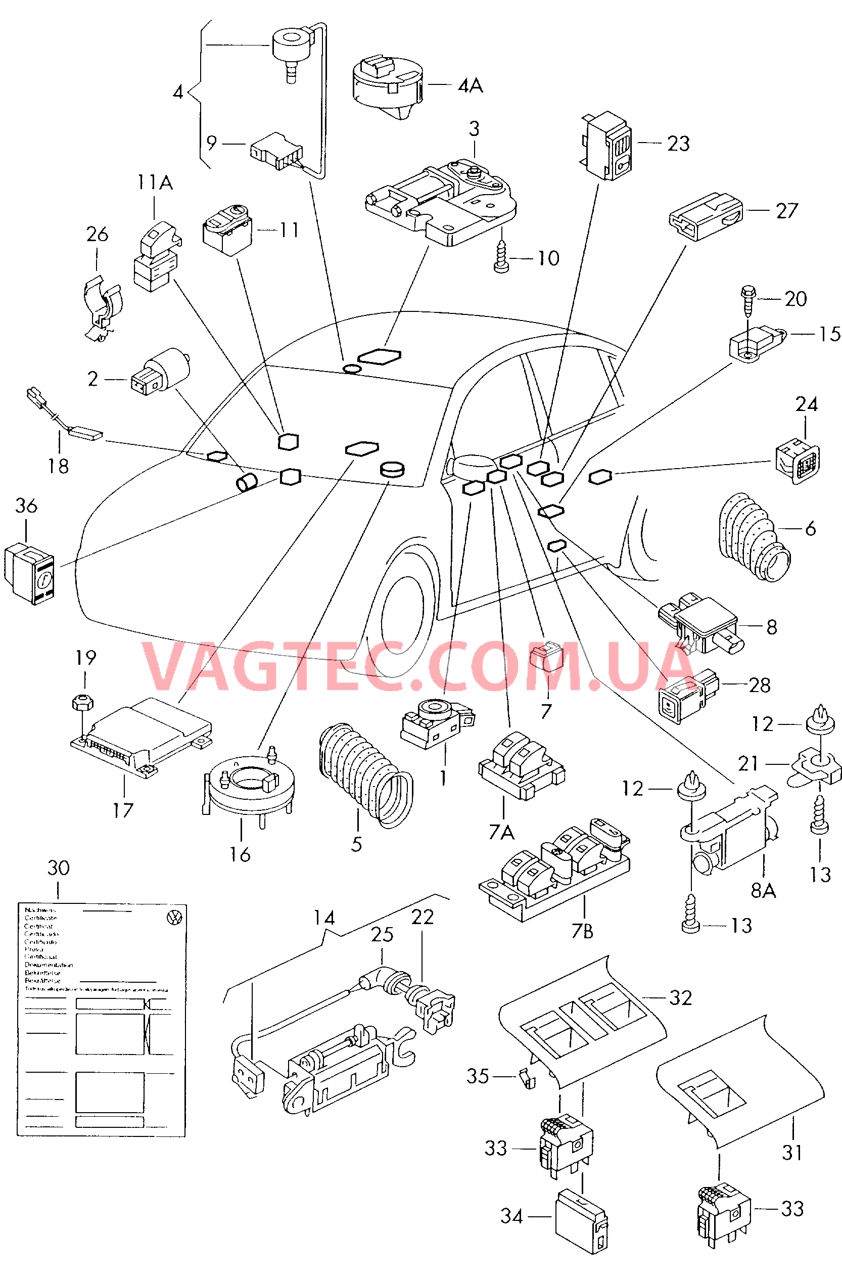  VW РASSAT Выключатель в обивке двери  VW РASSAT Термовыключатель  VW РASSAT Мотор привода люка  VW РASSAT Электрические детали личинки замка ручки двери с обогревом   VW РASSAT Электродетали для подуш.безоп.  для VOLKSWAGEN Passat 2000