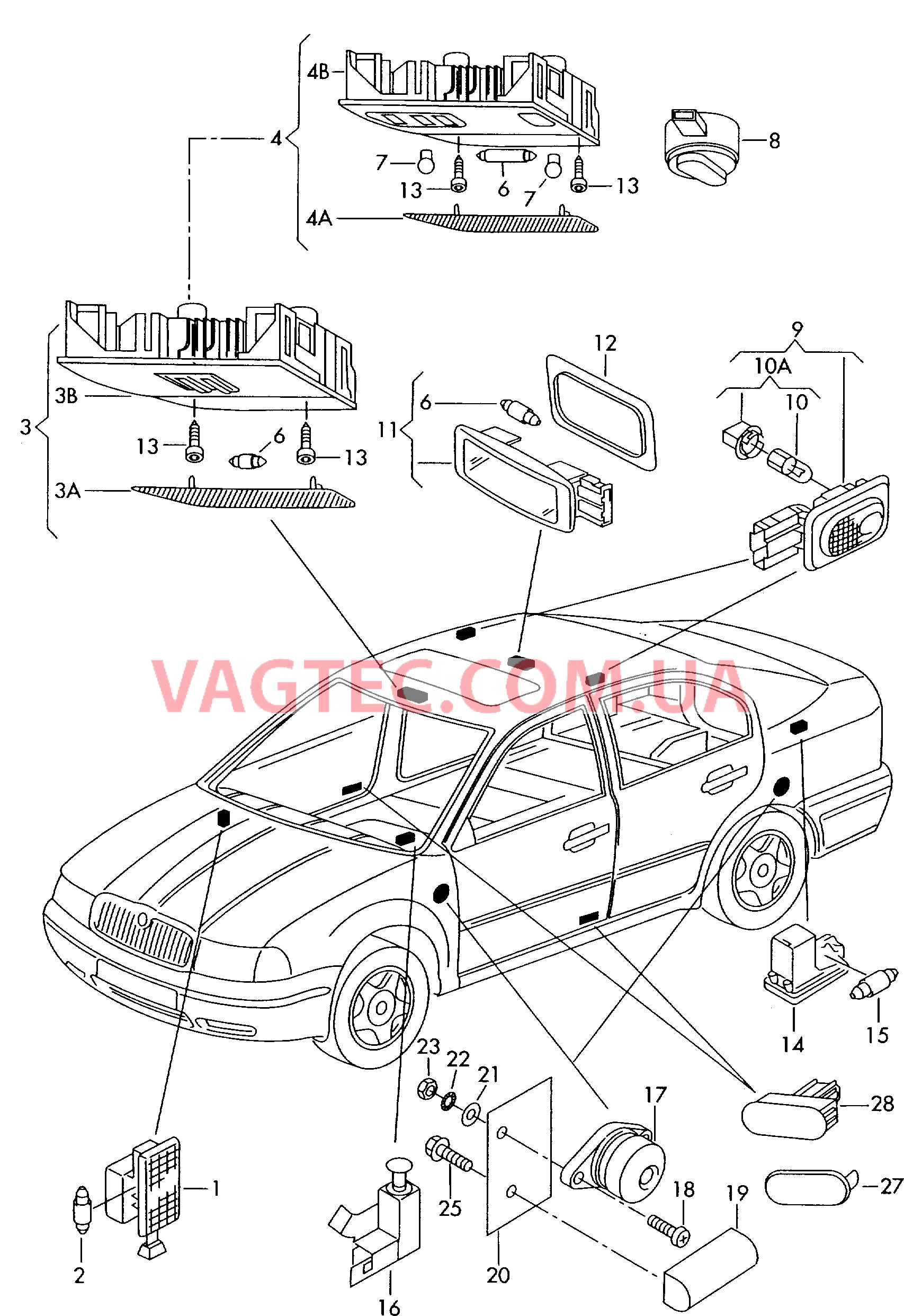 Плафон салона с фонар.д.чтения Освещение багажника Плафон осв. в крышке вещ.ящика Предупрежд. фонарь двери Выключатель для контроля ручного тормоза  для SKODA Octavia 2002