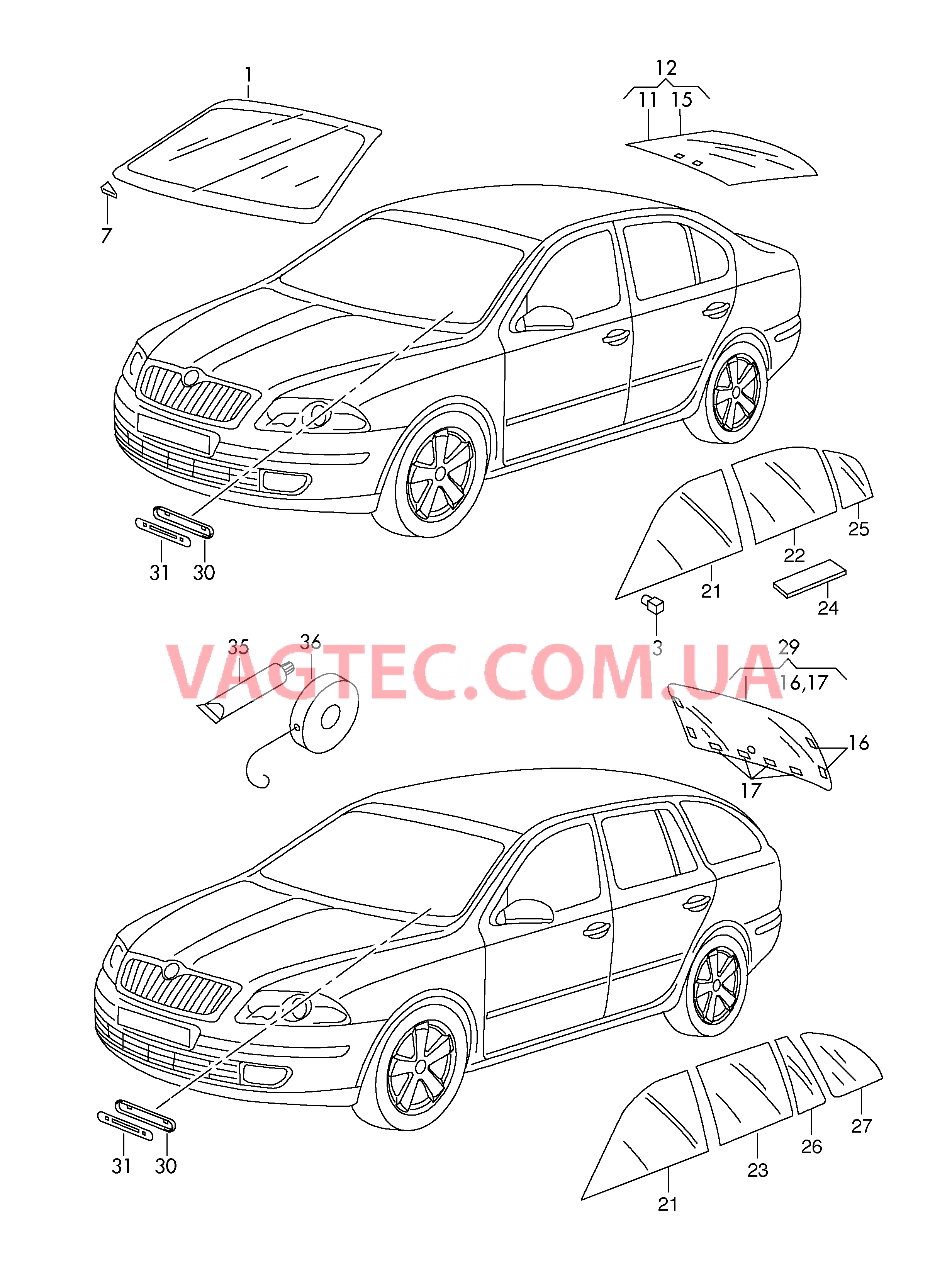 Cтекла оконные, уплотнители  для SKODA Octavia 2010-1