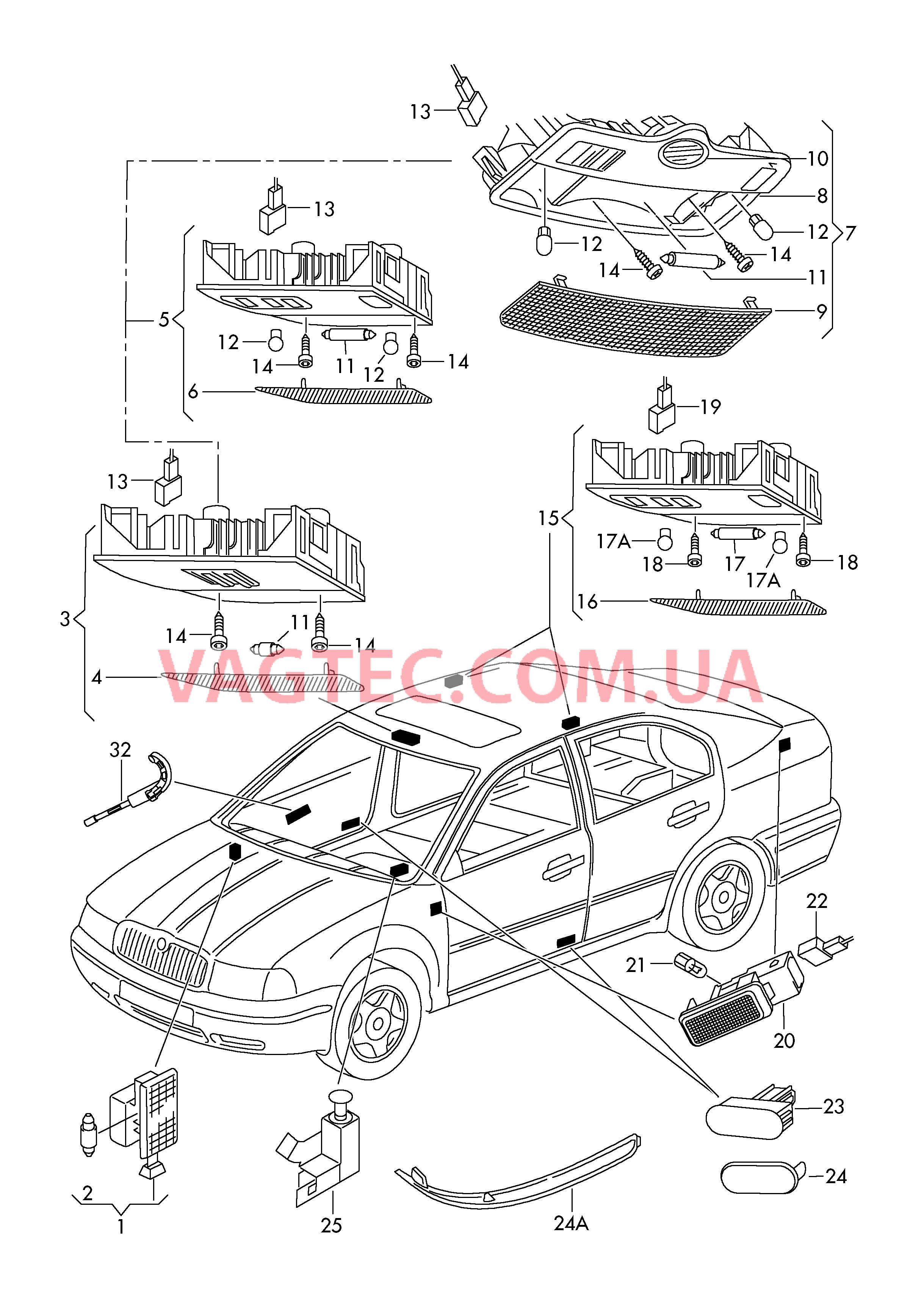 Плафон салона с фонар.д.чтения Плафон осв. в крышке вещ.ящика Предупрежд. фонарь двери Выключатель для контроля ручного тормоза Освещение багажника Освещение пространства для ног  для SKODA Octavia 2013