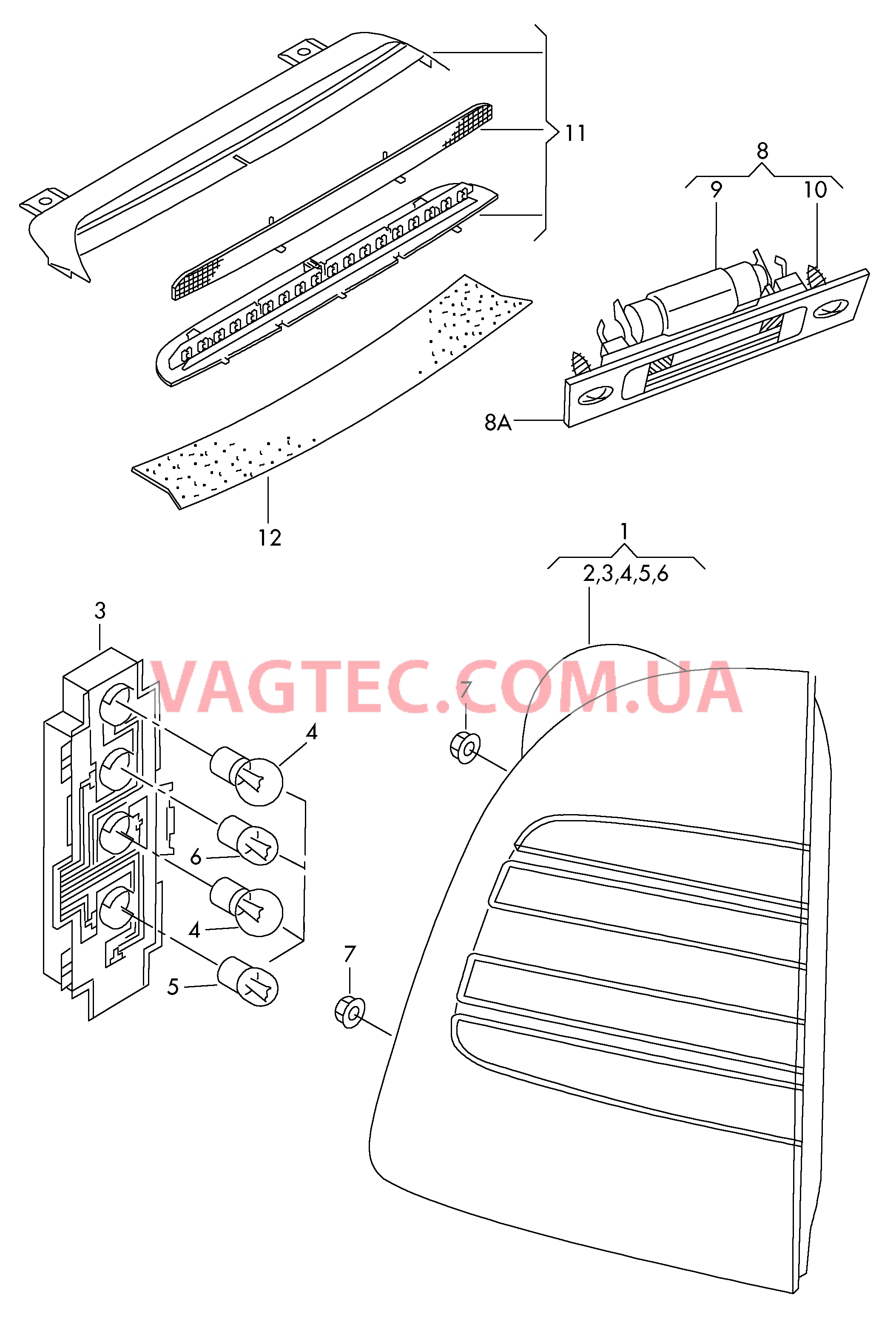 Фонарь стоп-сигн., стояночного света и указателей поворотов  Фара заднего хода Задний противотуманный фонарь Плафон освещ. номерного знака Верхний стоп-сигнал  для SKODA Superb 2008