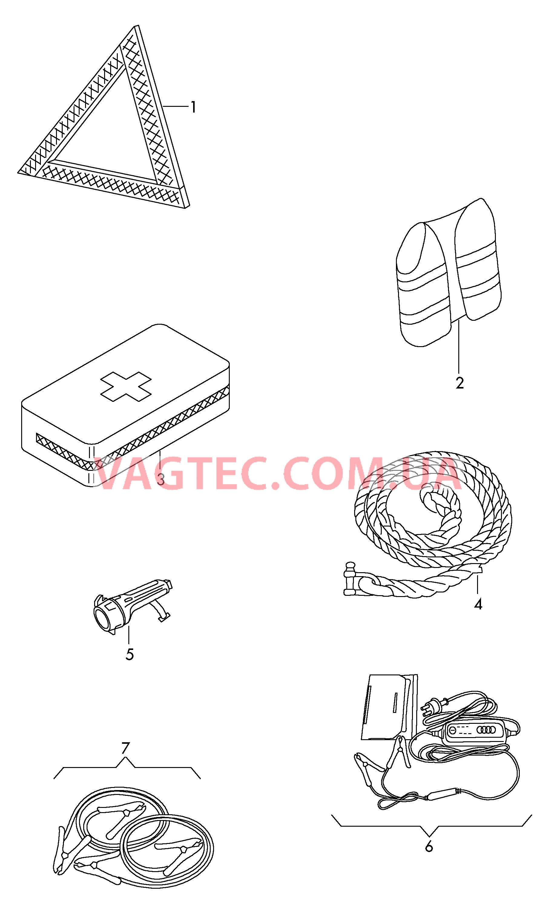 Оригинальные аксессуары Знак аварийной остановки Cигнальный предупредит. жилет Аптечка в сумке Буксировочный трос Карманный фонарь Зарядное устройство для АКБ Провода запуска дв. от др.а/м   для AUDI A4Q 2017