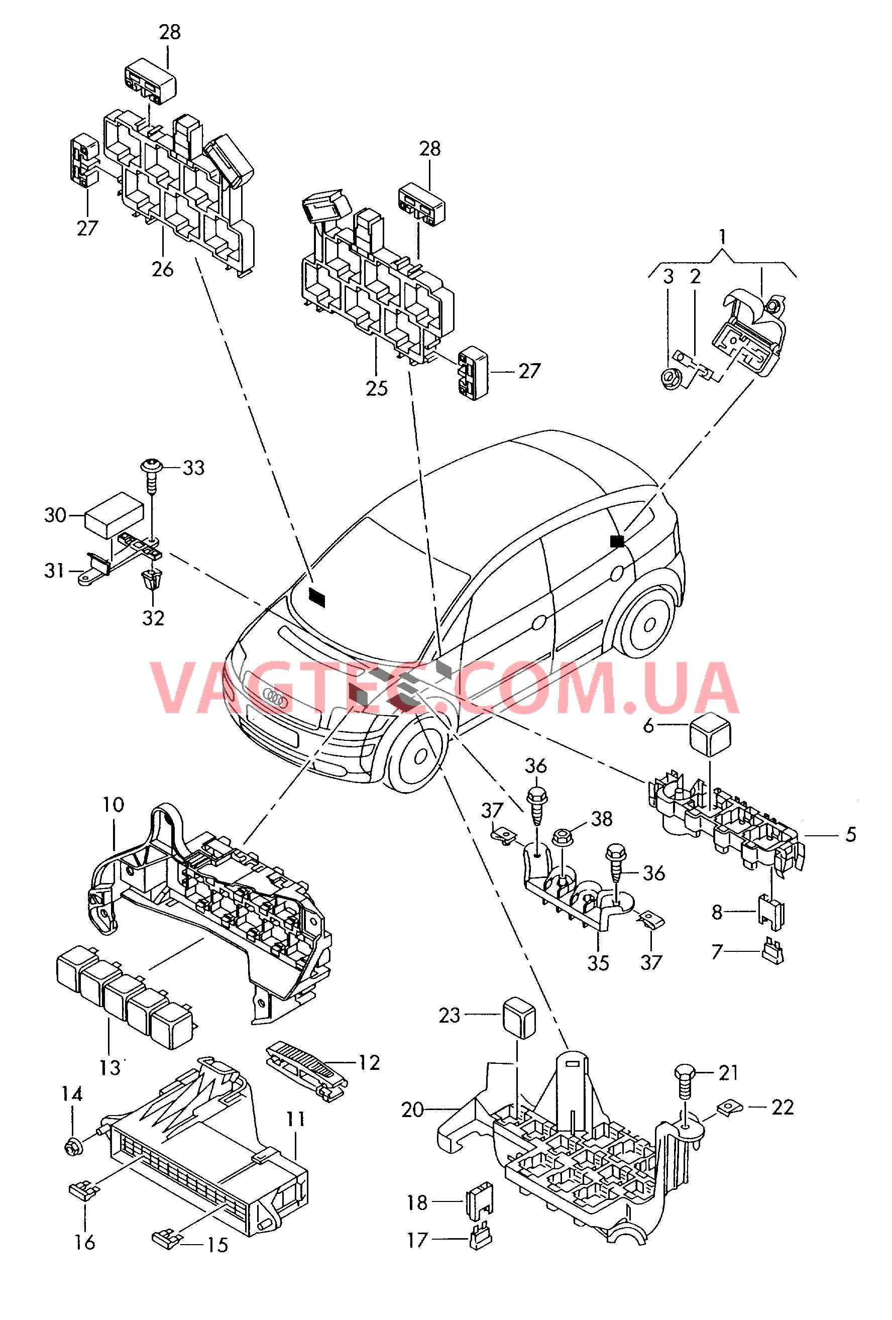 Коммутац. бл., гнездо предохранителя, колодка реле и реле  для AUDI A2 2001
