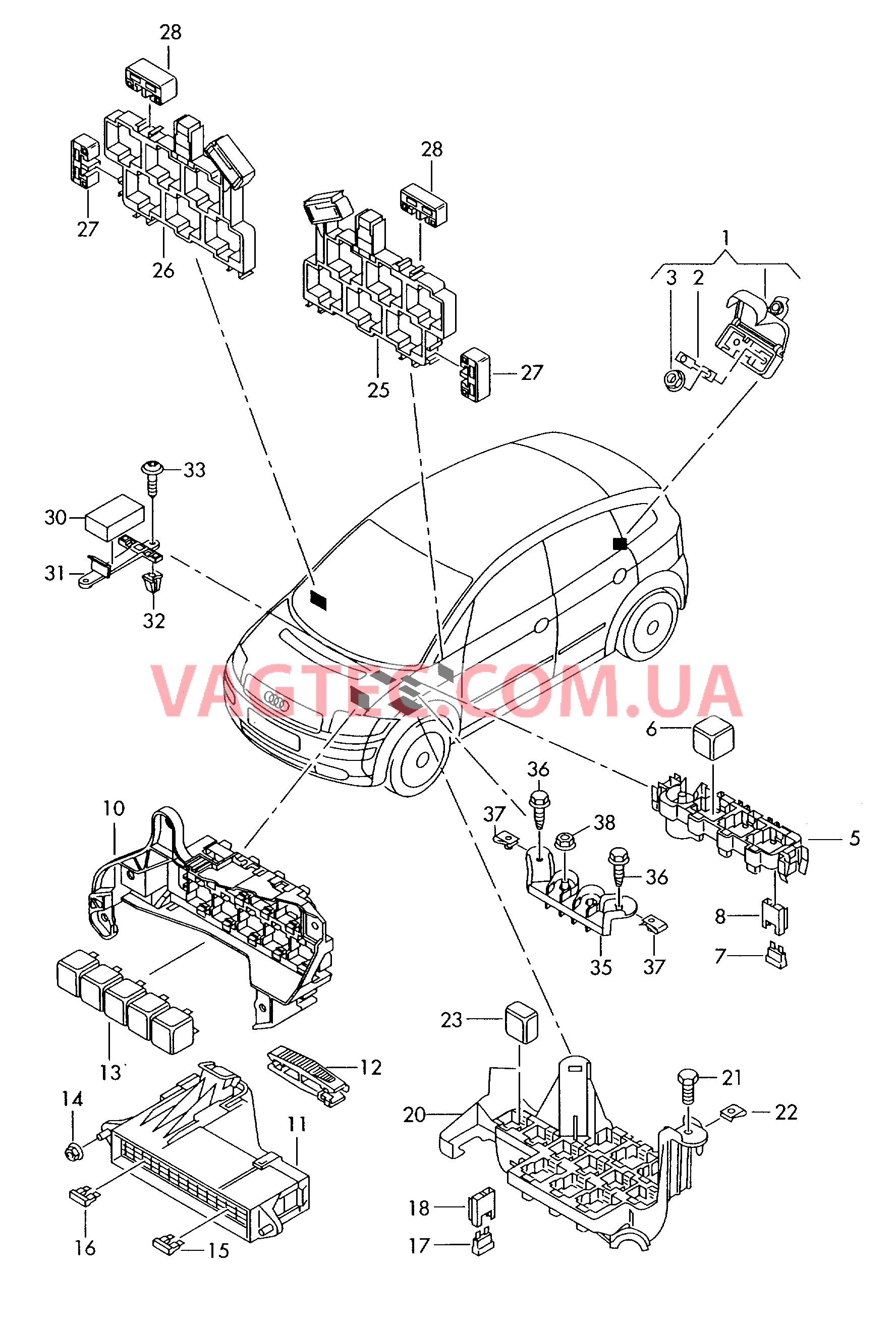 Коммутац. бл., гнездо предохранителя, колодка реле и реле  для AUDI A2 2003