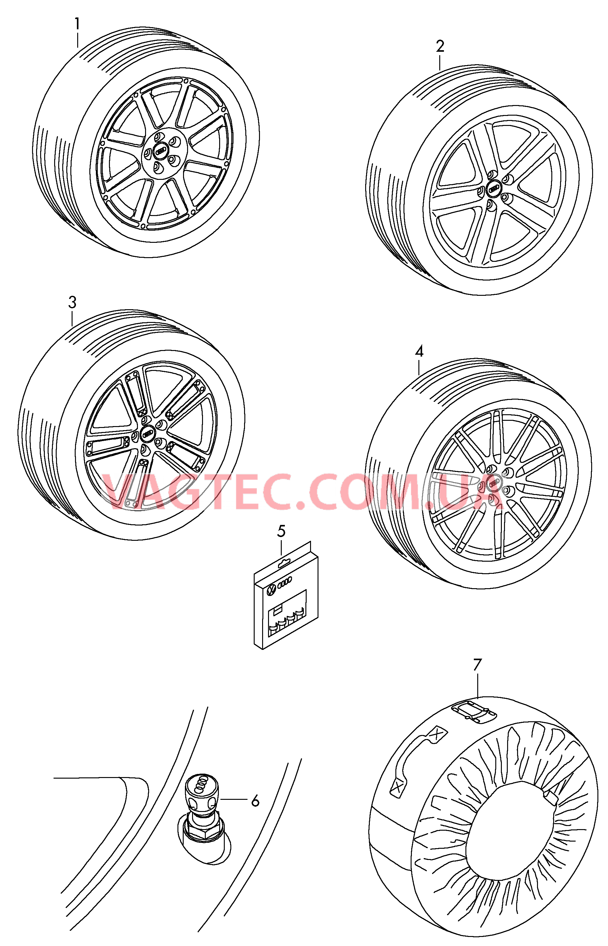 Оригинальные аксессуары AUDI Q7  Алюминиевый колёсный диск с летней шиной AUDI Q7   Колесный болт секретка Заслонка для блока клапанов AUDI Q7  Вещевое отделение AUDI Q7   для AUDI Q7 2007