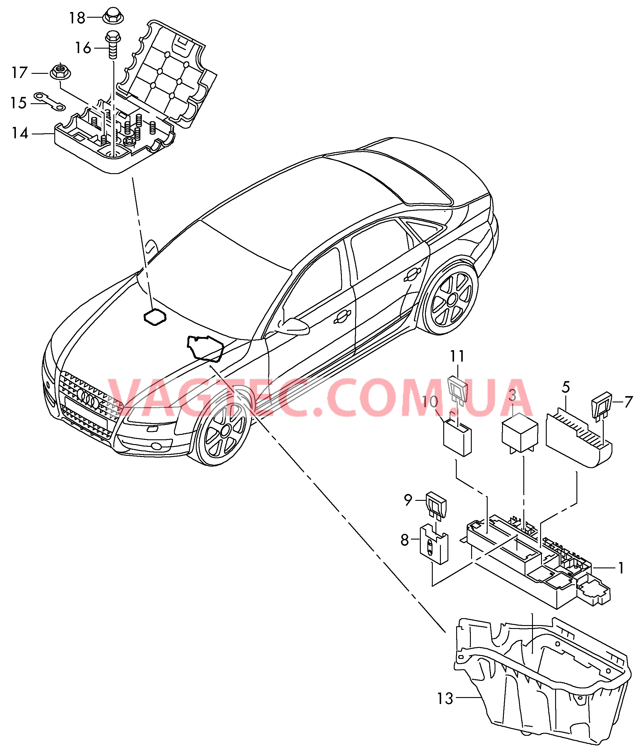 Колодка реле и реле Распределитель потенциала Короб водоотводящий  для AUDI A4Q 2014