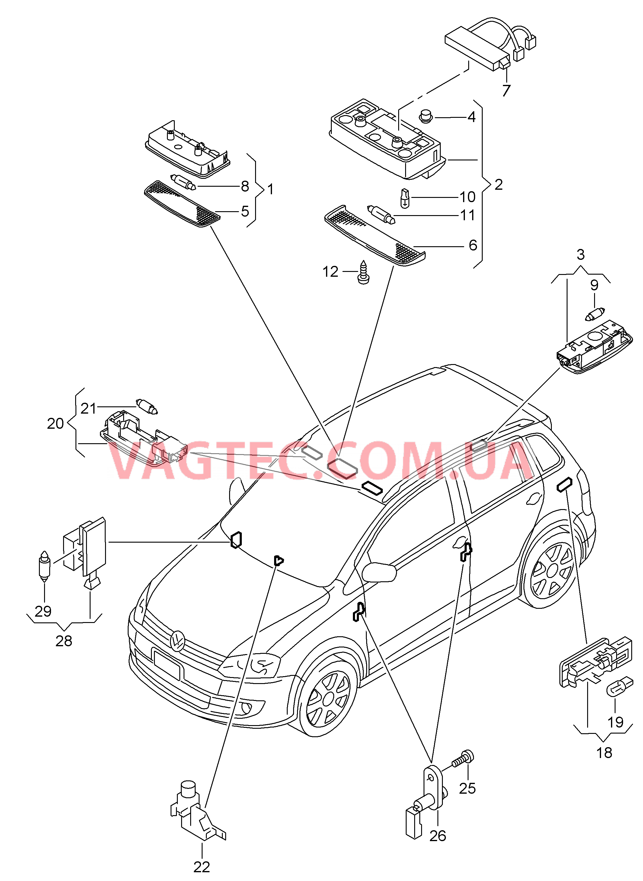 Плафон салона с фонар.д.чтения Освещение багажника Выключатель контроля положения ручного тормоза  Выключатель освещения, дверн. Плафон осв. в крышке вещ.ящика Косметическая лампа  для VOLKSWAGEN Suran 2012
