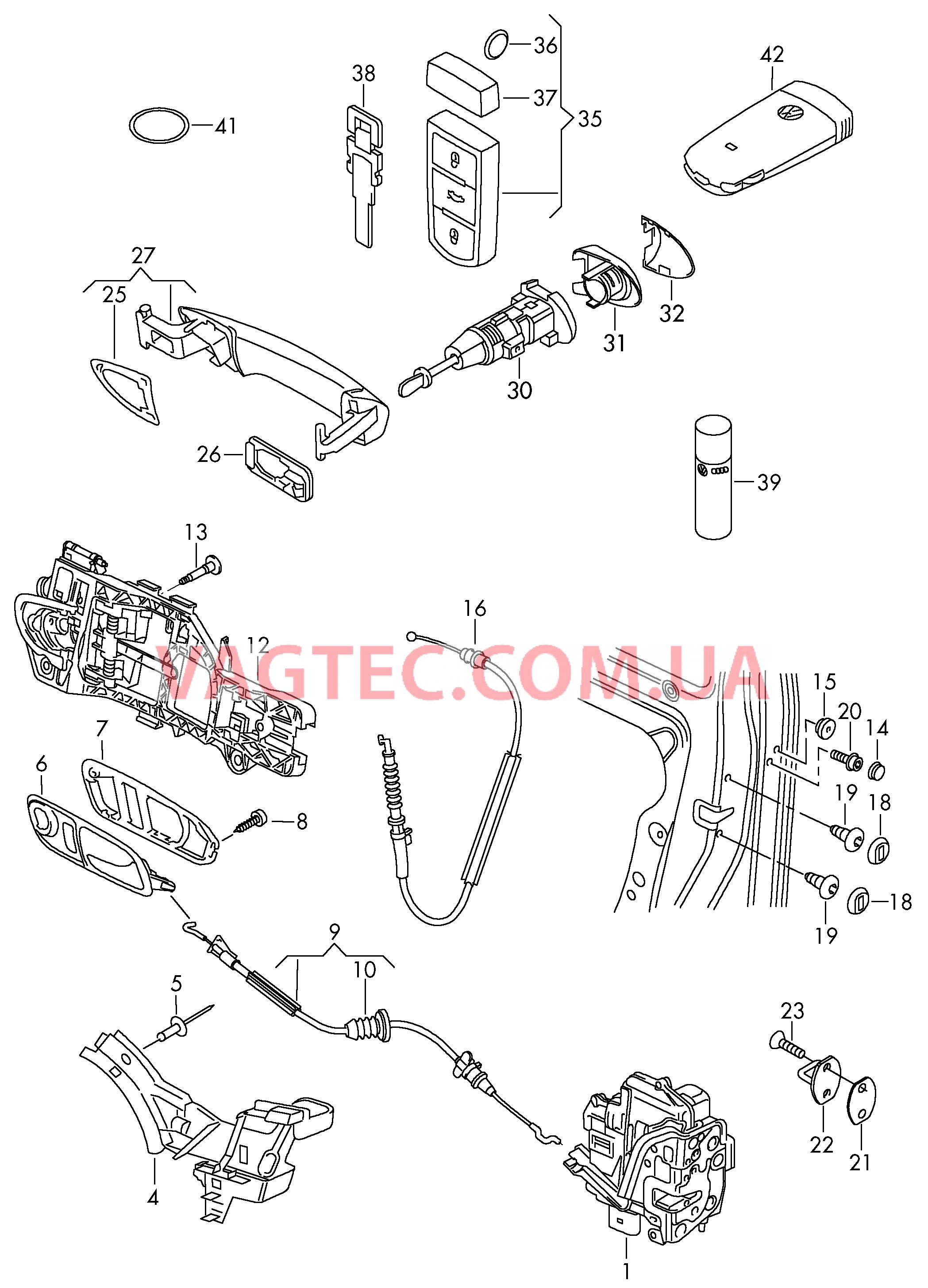Замок двери Рычаг привода дверного замка Ручка двери снаружи Ключ К-т личинок замков  для VOLKSWAGEN PACC 2009