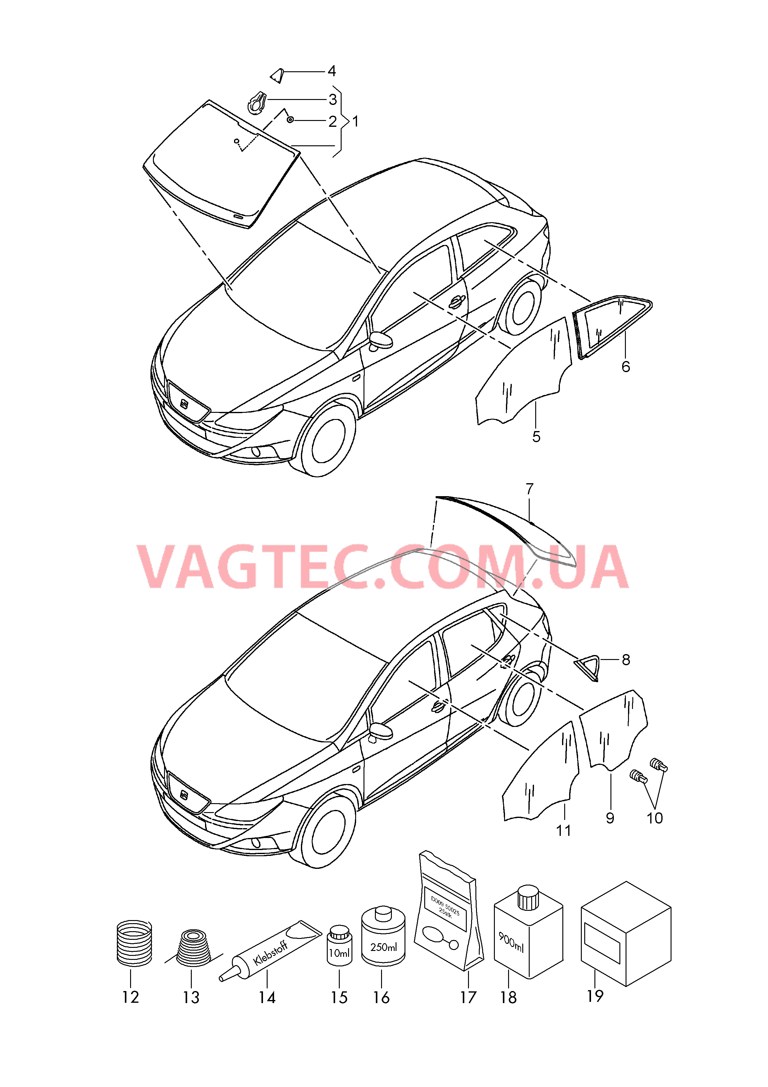 Ветровое стекло Cтекло боковое (неподвижное) Стекло двери Cтекло боковое (неподвижное) Заднее стекло Клеящий и уплотняющий материал D             >> - 30.11.2015 для SEAT Leon 2014