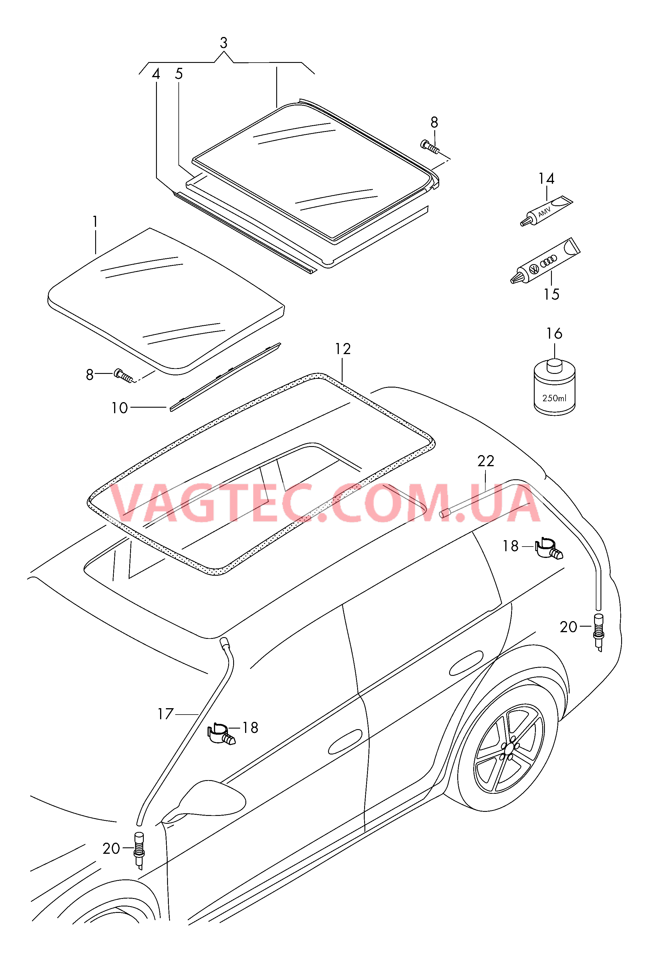 Панорамная стеклянная крыша Cтекл. панель люка с уплотнит. Шланг для стока воды  для VOLKSWAGEN GOLF 2017-1