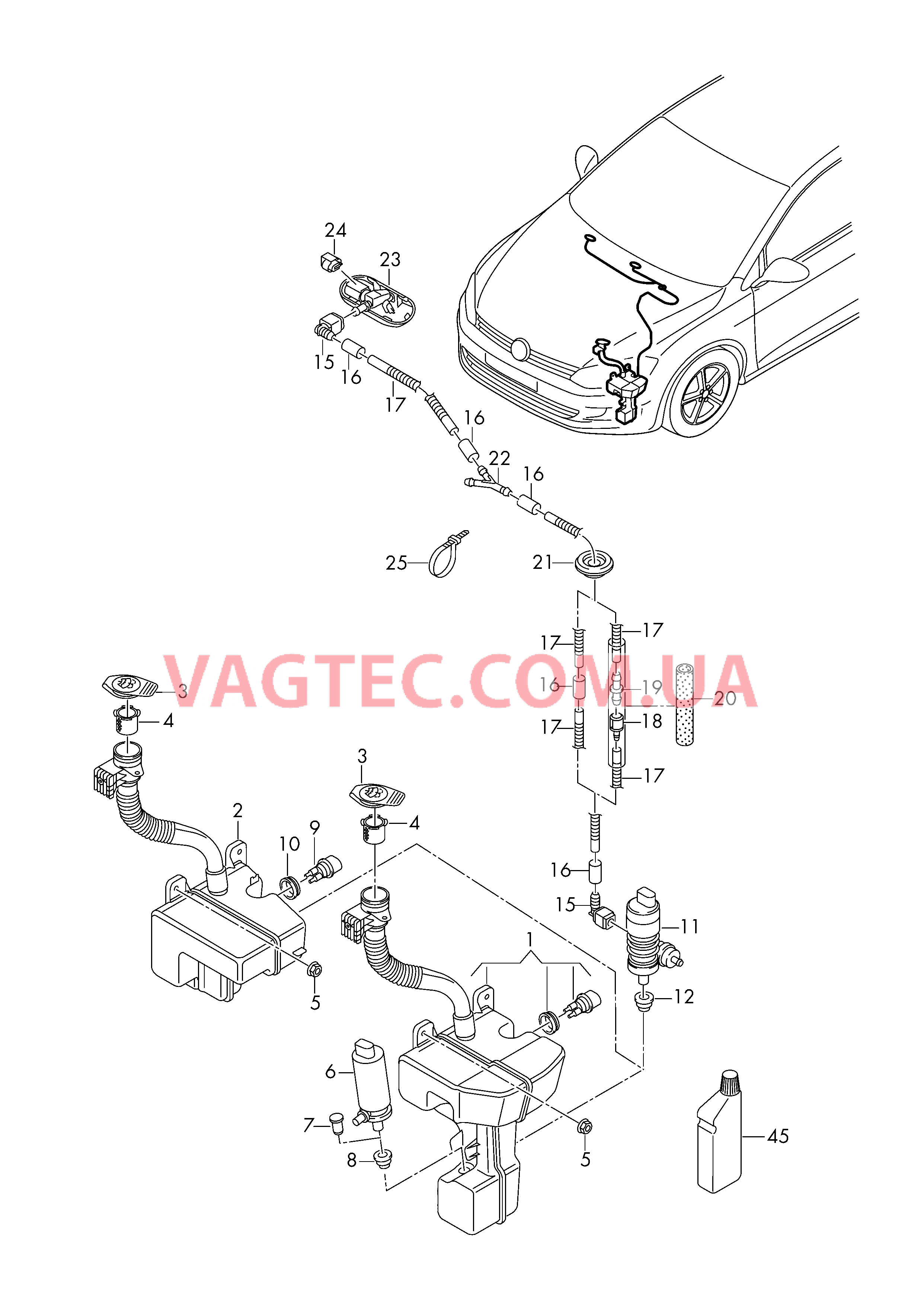 Бачок д/омыв.жидкости и детали  Шланг жидкости омывателя Cредство для очистки стекол  для VOLKSWAGEN GOLF 2017-1