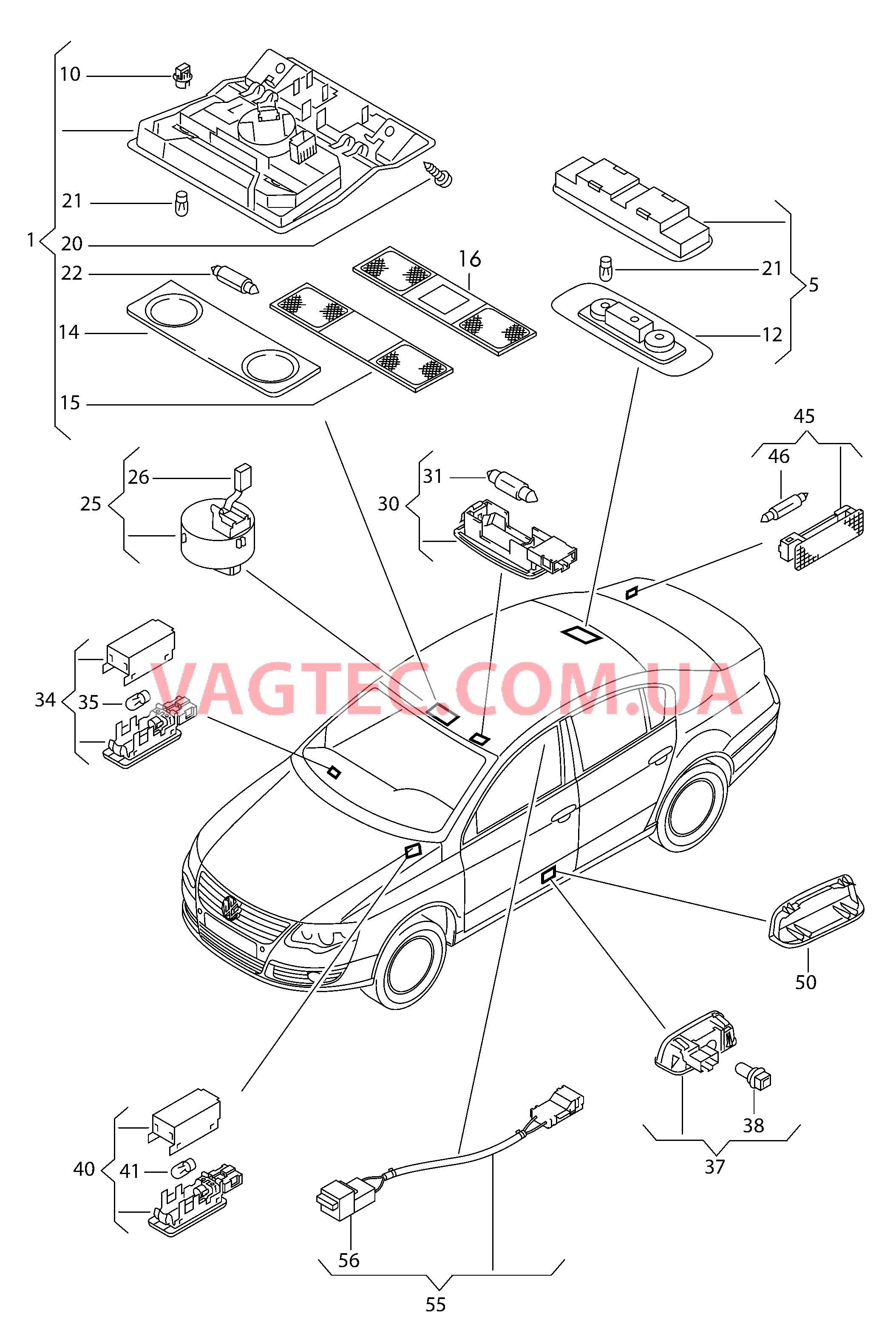 Плафон салона с фонар.д.чтения Косметическая лампа Плафон осв. в крышке вещ.ящика Подсветка порогов Освещение пространства для ног Освещение багажника Cветовозвращатель Фонарь Центральная консоль F 3C-7-000 001>> для VOLKSWAGEN Passat 2006