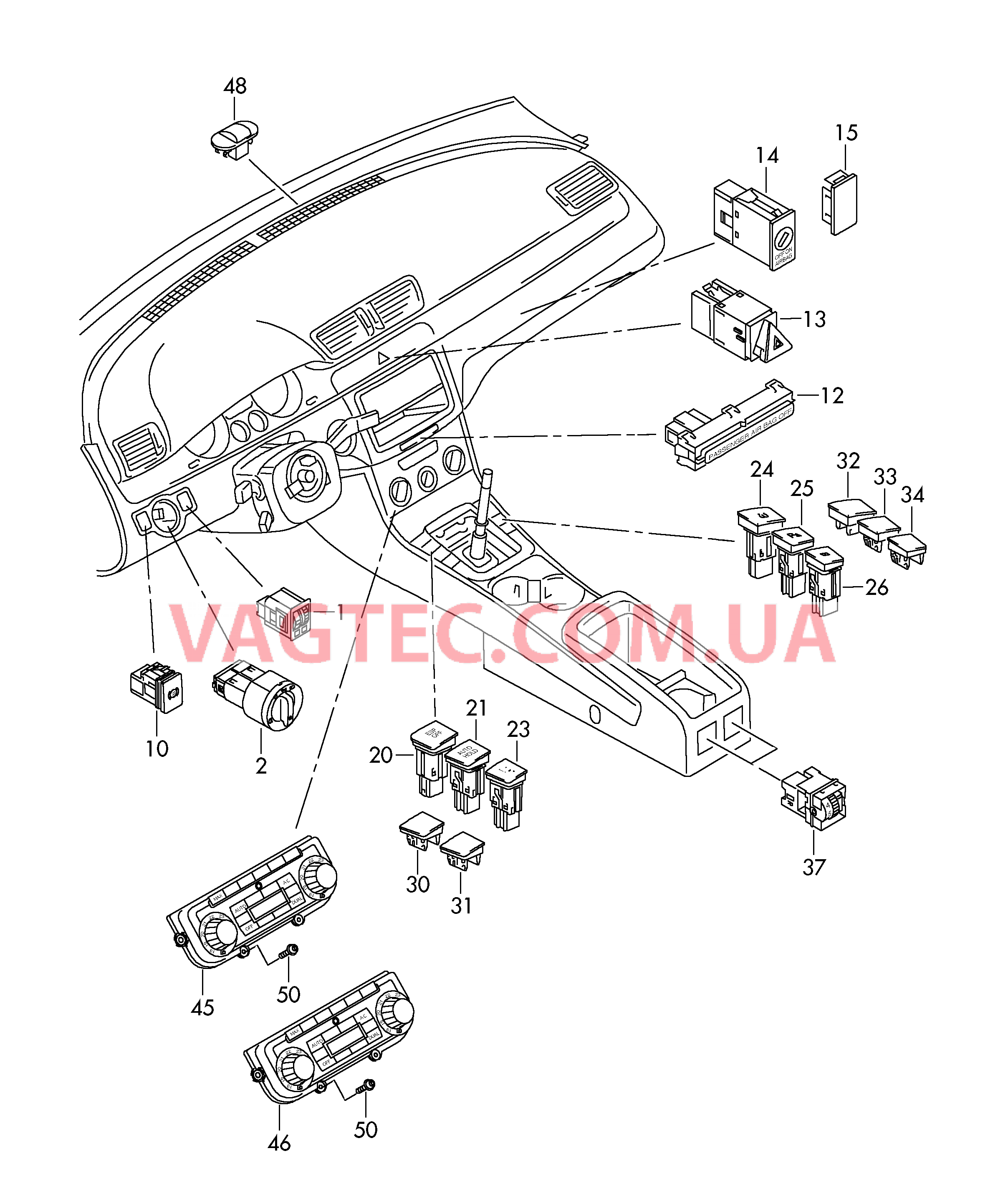 Выключатель света Выключатель в панели приборов Выключатель в централ. консоли Панель управления и индикации БУ климатической установки с электронным управлением  для VOLKSWAGEN Passat 2010