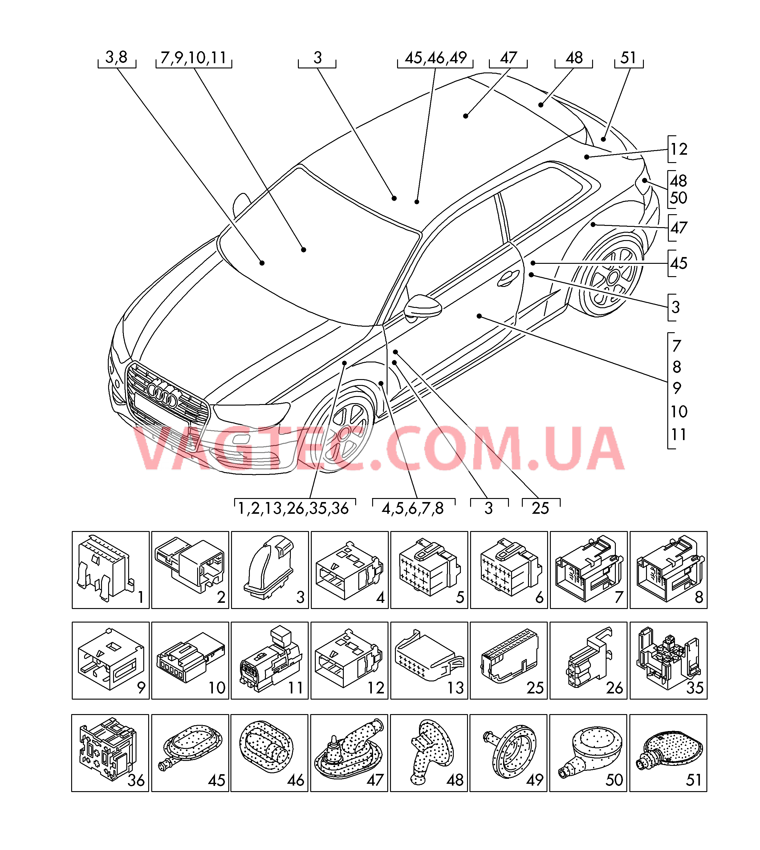 Жгут проводов для салона Cписок применения Точка подключ.-корпус разъема Конт. колодка плавк. предохр. Колодка реле Заглушки Кабель-адаптер (только для ремонтных целей)  для AUDI RS3 2016