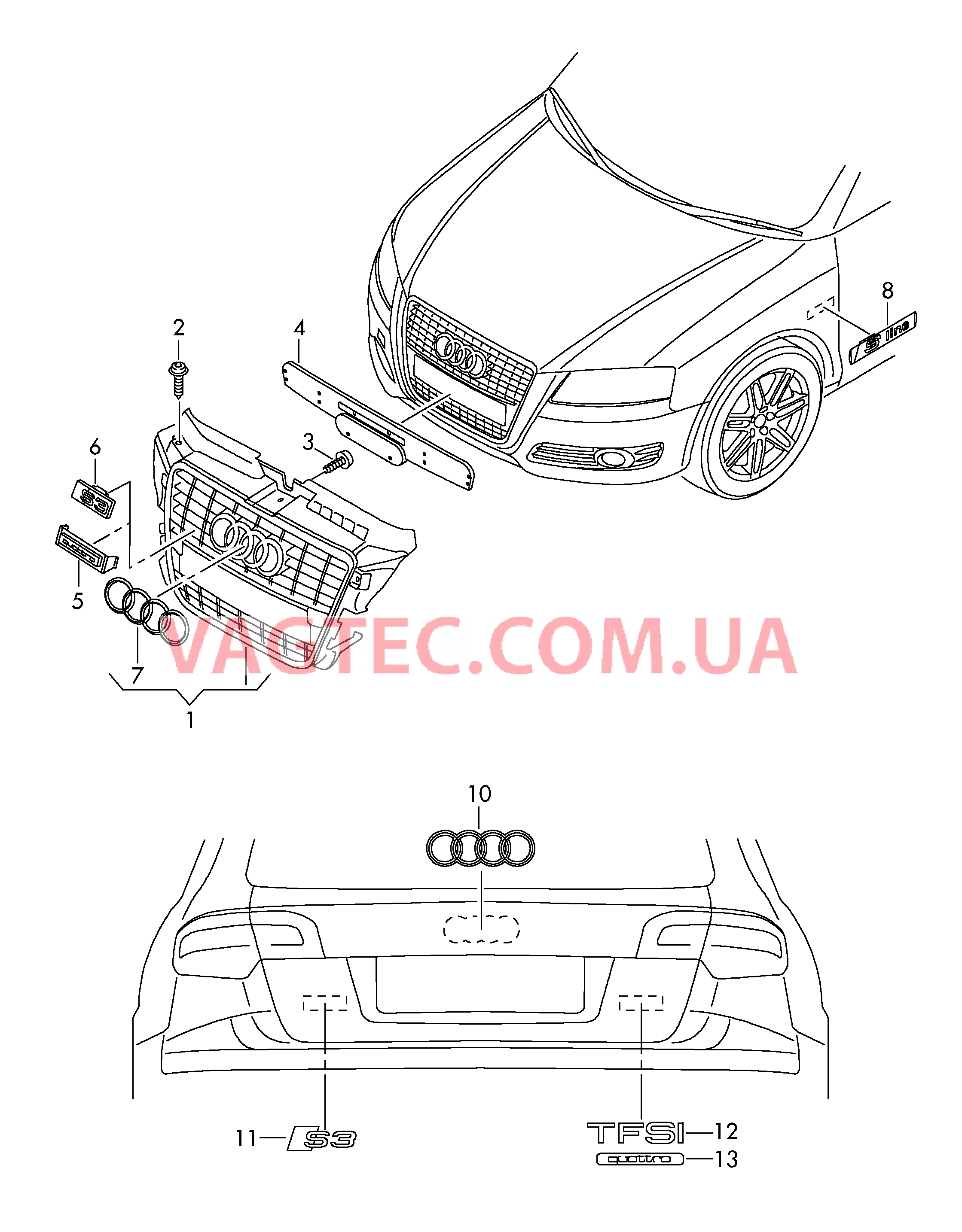 Решётка радиатора Надписи  для AUDI RS3 2011