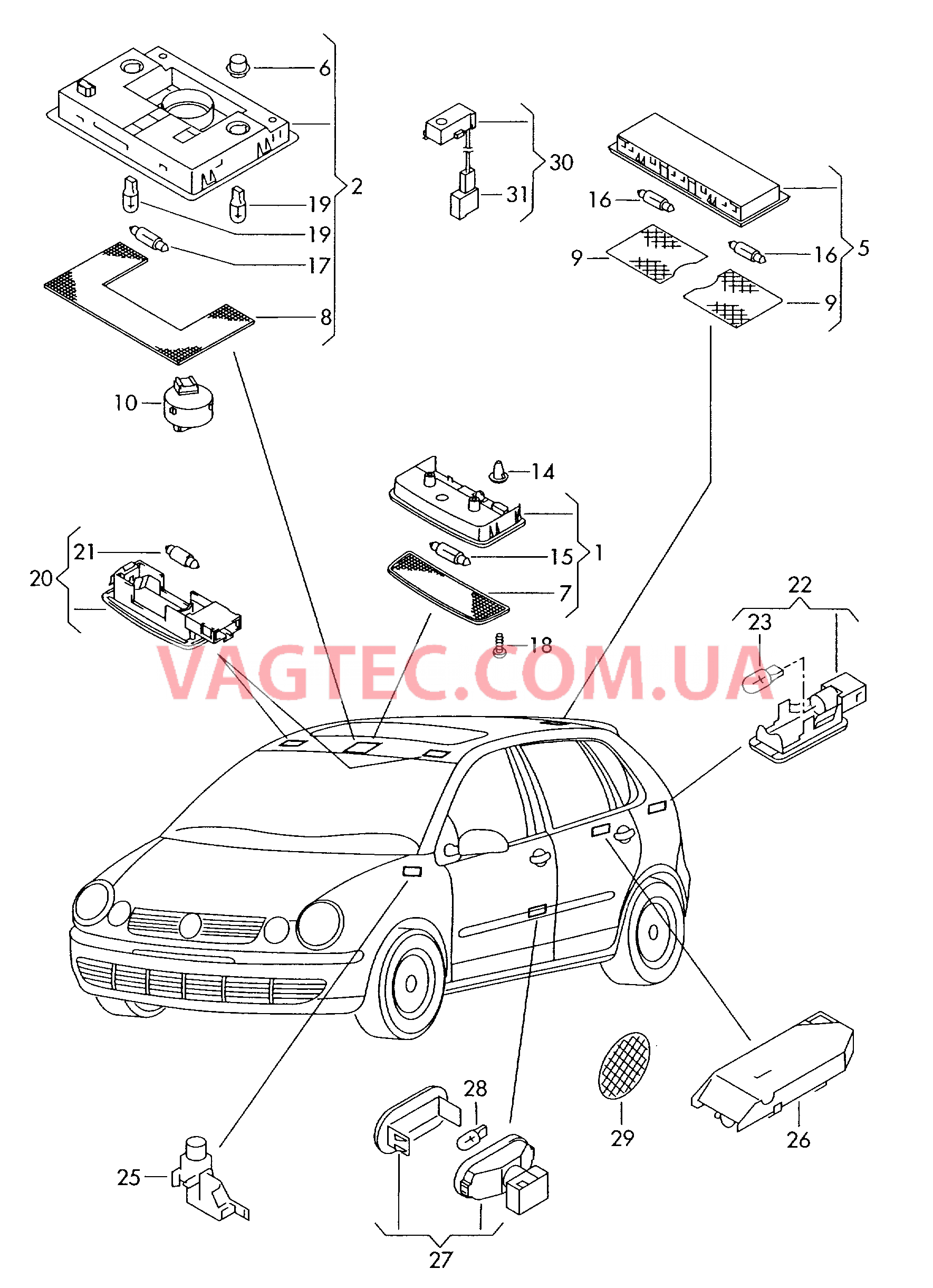 Плафон салона с фонар.д.чтения VW РOLO  Косметическая лампа VW РOLO  Освещение багажника VW РOLO  Выключатель контроля положения ручного тормоза VW РOLO   Выключатель для блокировки спинки VW РOLO   для VOLKSWAGEN POCC 2009