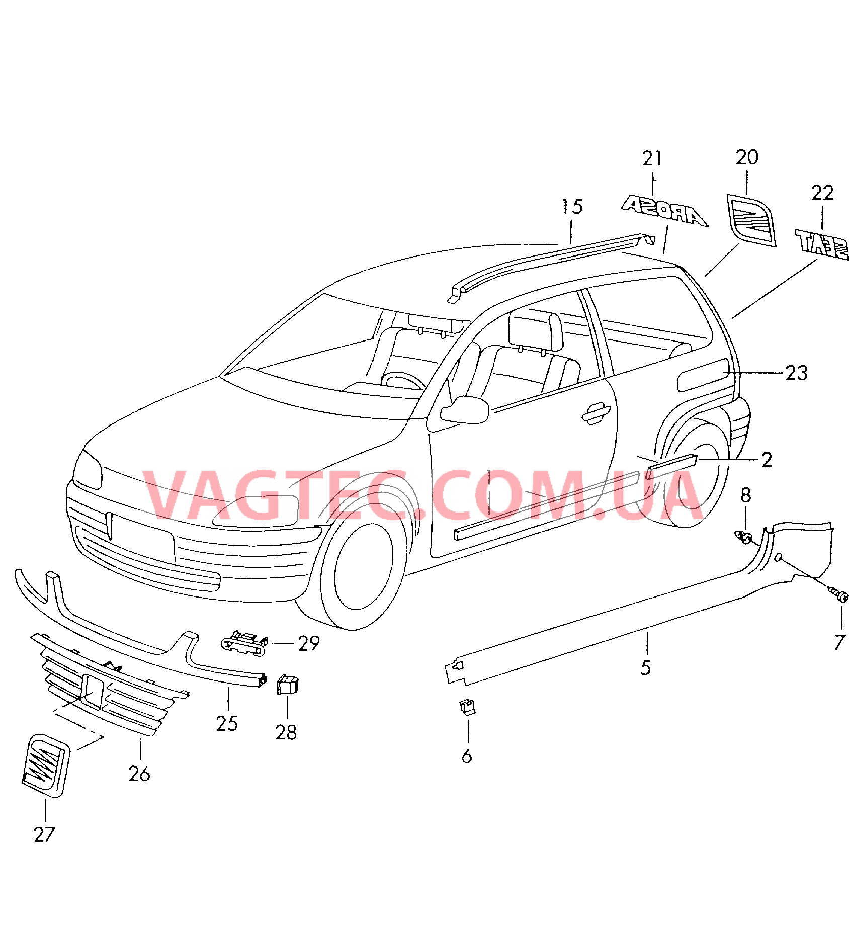 Защитные молдинги Декоративная накладка крыши Надписи Накладка порога Решётка радиатора F             >> 6H-Y-030 000 для SEAT Arosa 2001