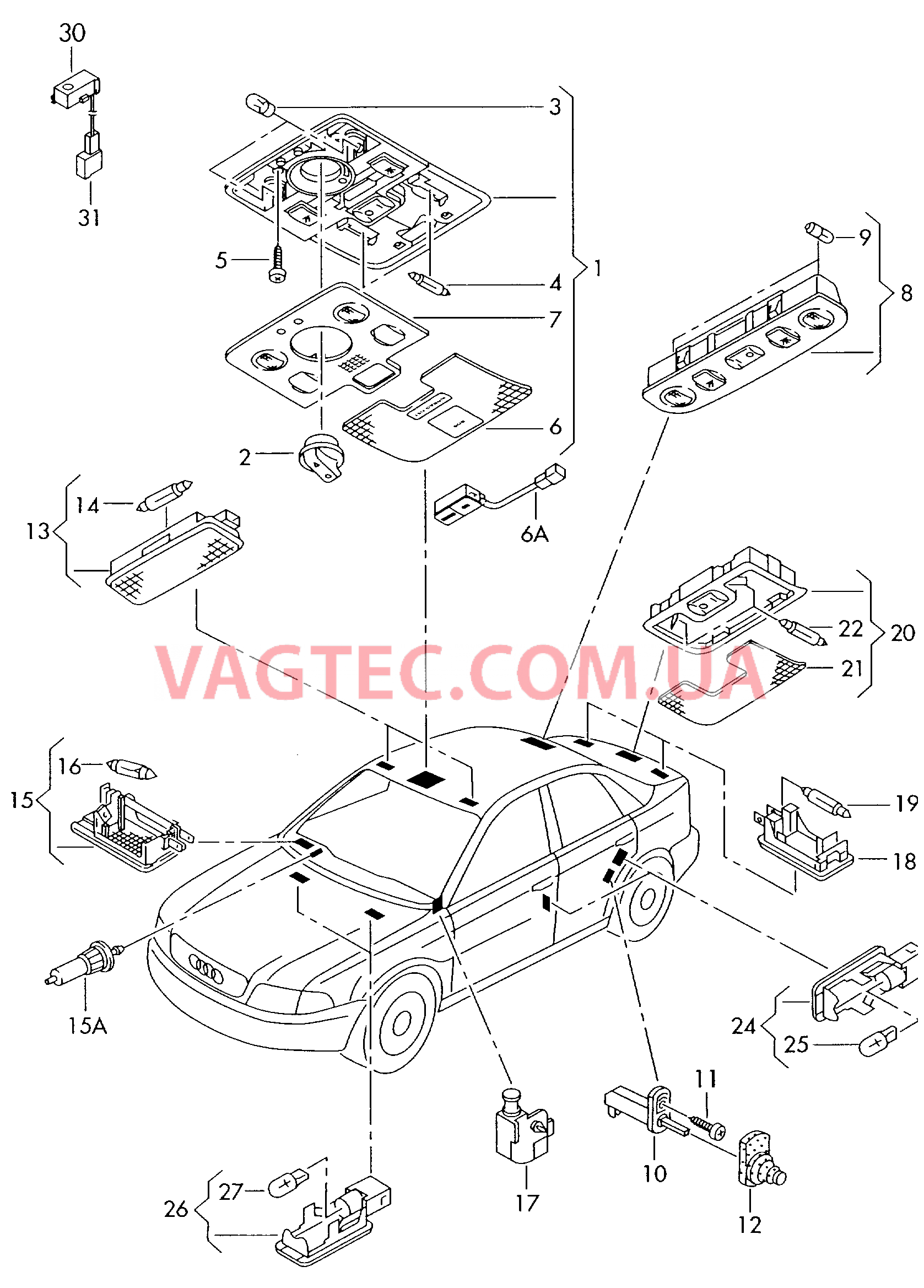 Плафон салона с фонар.д.чтения Косметическая лампа Плафон осв. в крышке вещ.ящика Выключатель для контроля ручного тормоза Освещение багажника Предупрежд. фонарь двери Освещение пространства для ног  для AUDI A4Q 2001
