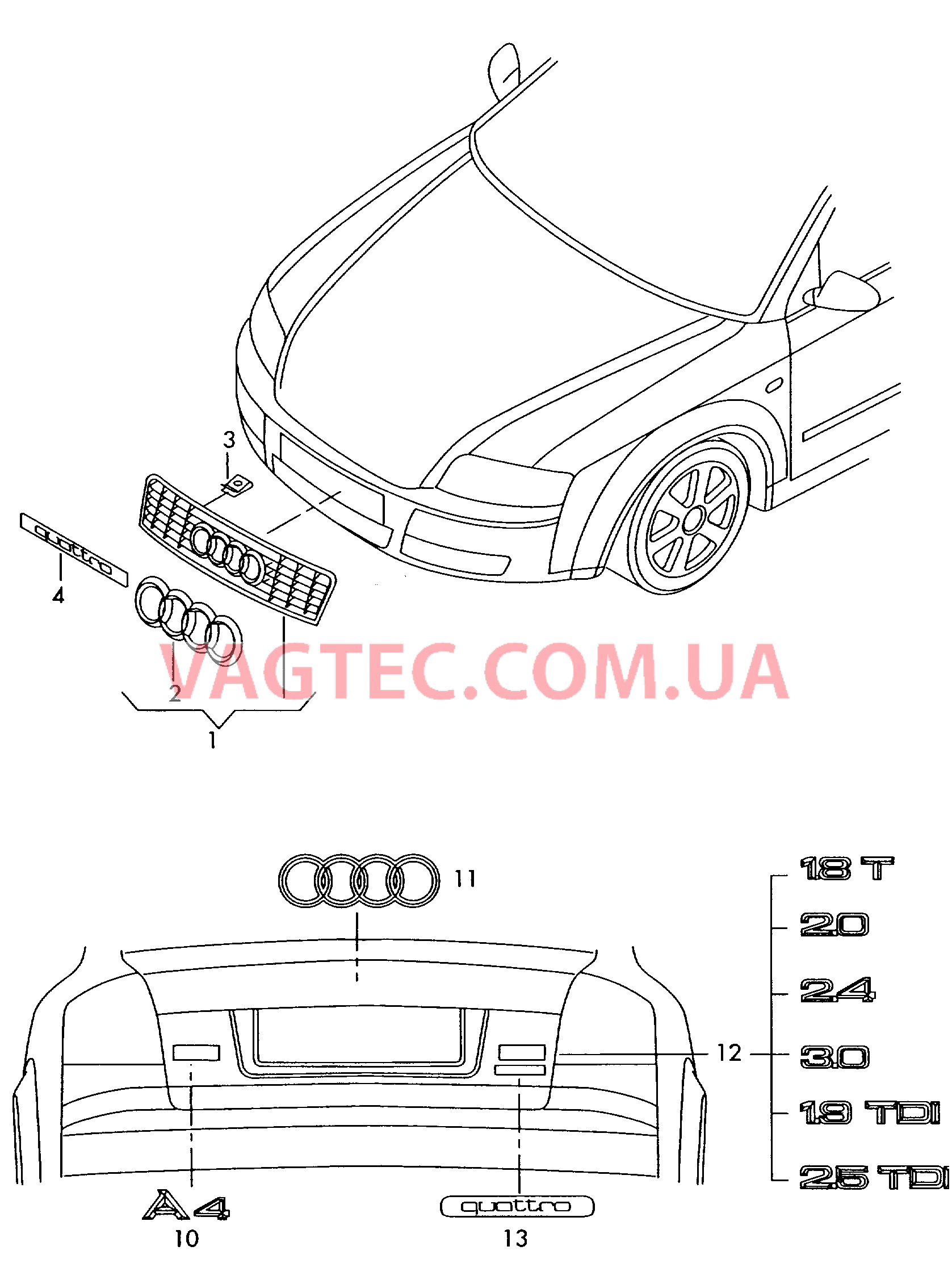Решётка радиатора Надписи  для AUDI A4 2001-1