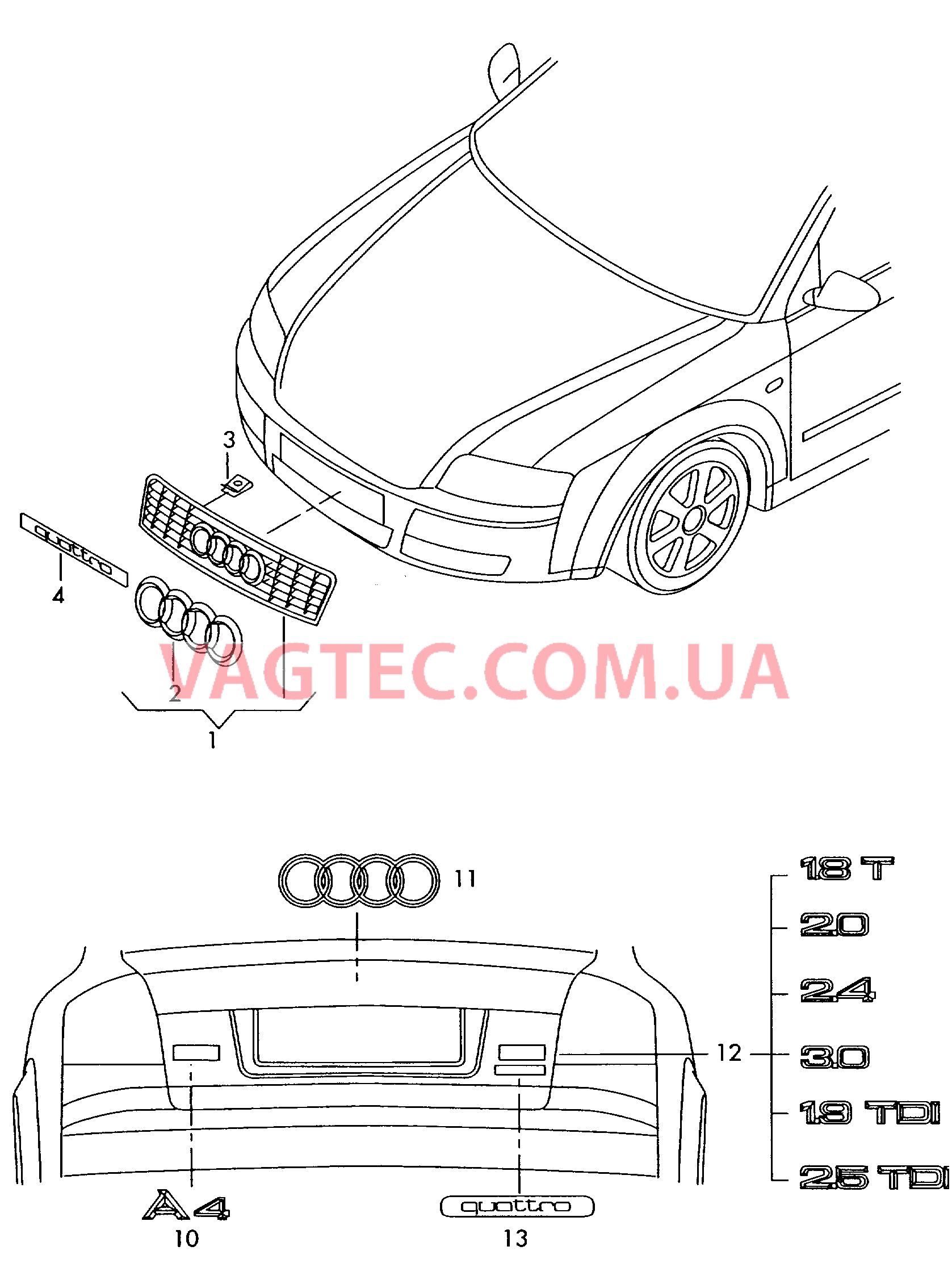 Решётка радиатора Надписи  для AUDI A4 2003