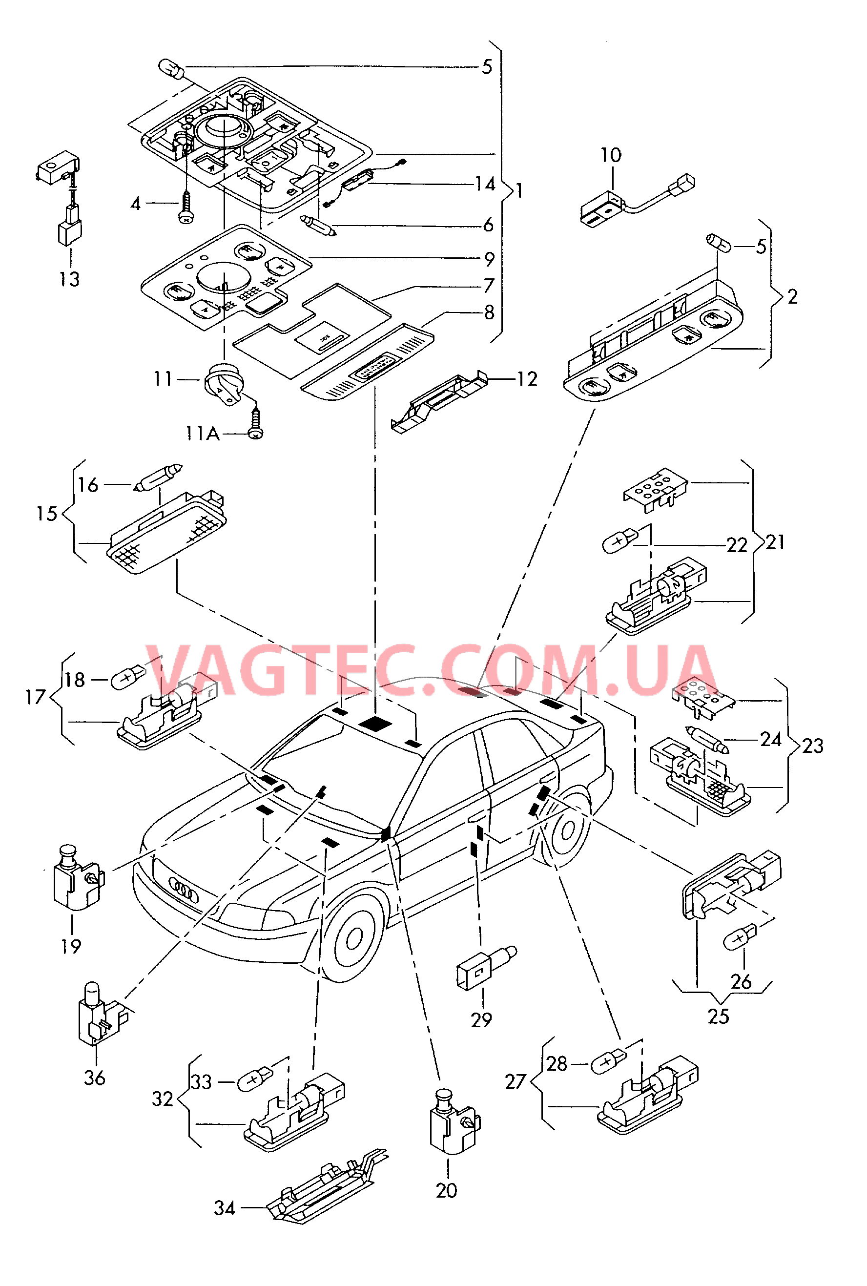 Плафон салона с фонар.д.чтения Освещение в салоне F 8E-4-150 001>>* для AUDI A4Q 2001-1