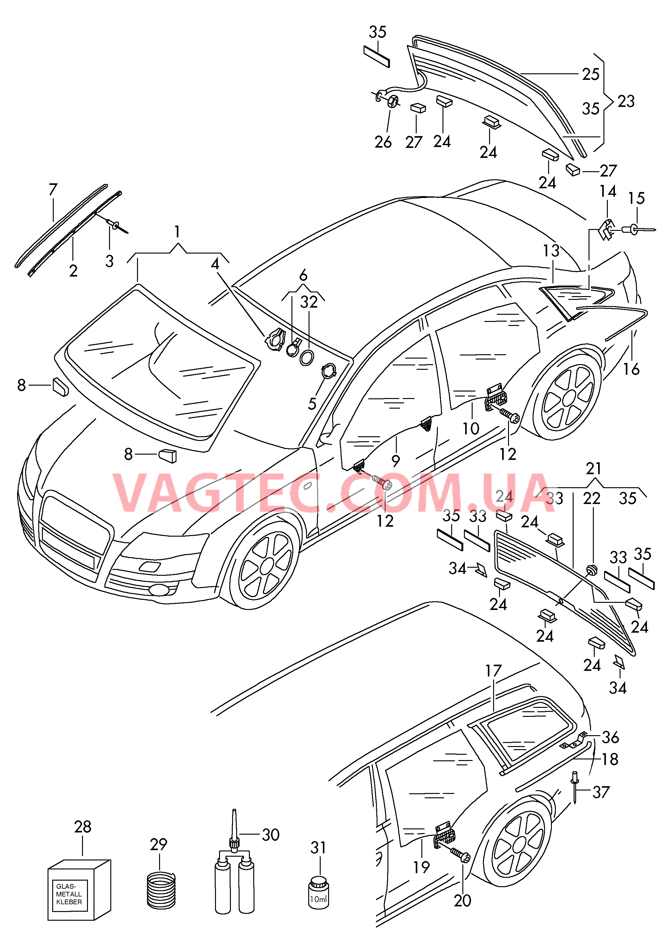 Cтекло двери и боковоE стекло  для AUDI A4Q 2006