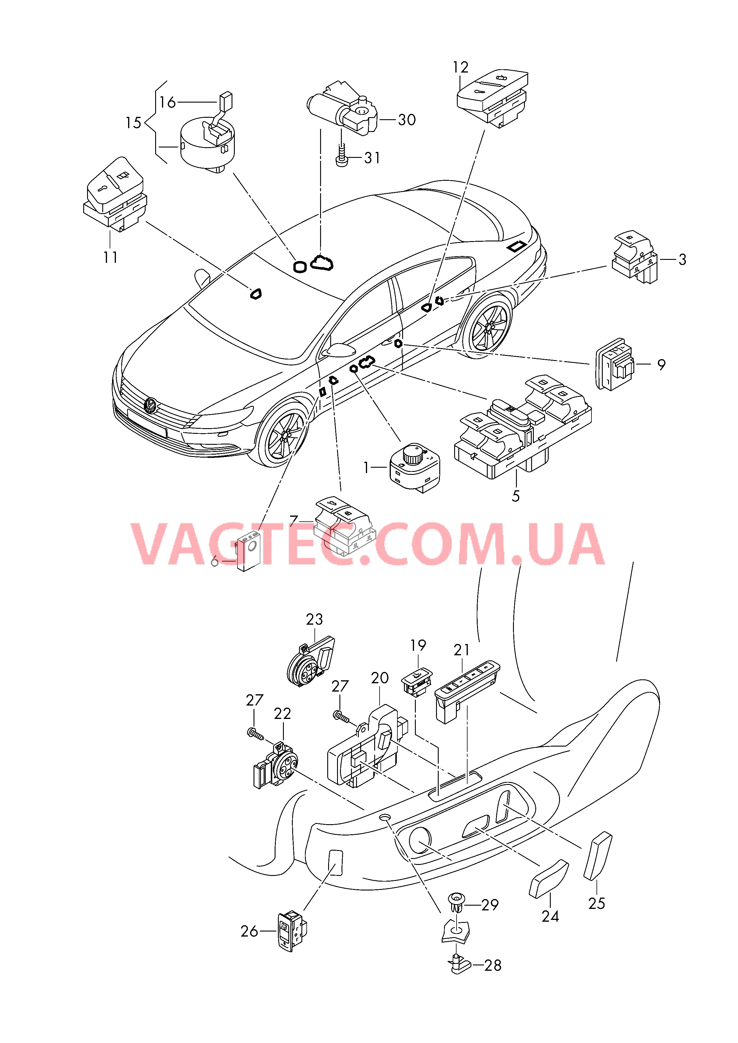 Выключатель в обивке двери Выключатель на крыше Выключатель регулировки сиден. Мотор привода люка D             >> - 25.05.2015 для VOLKSWAGEN CC 2017
