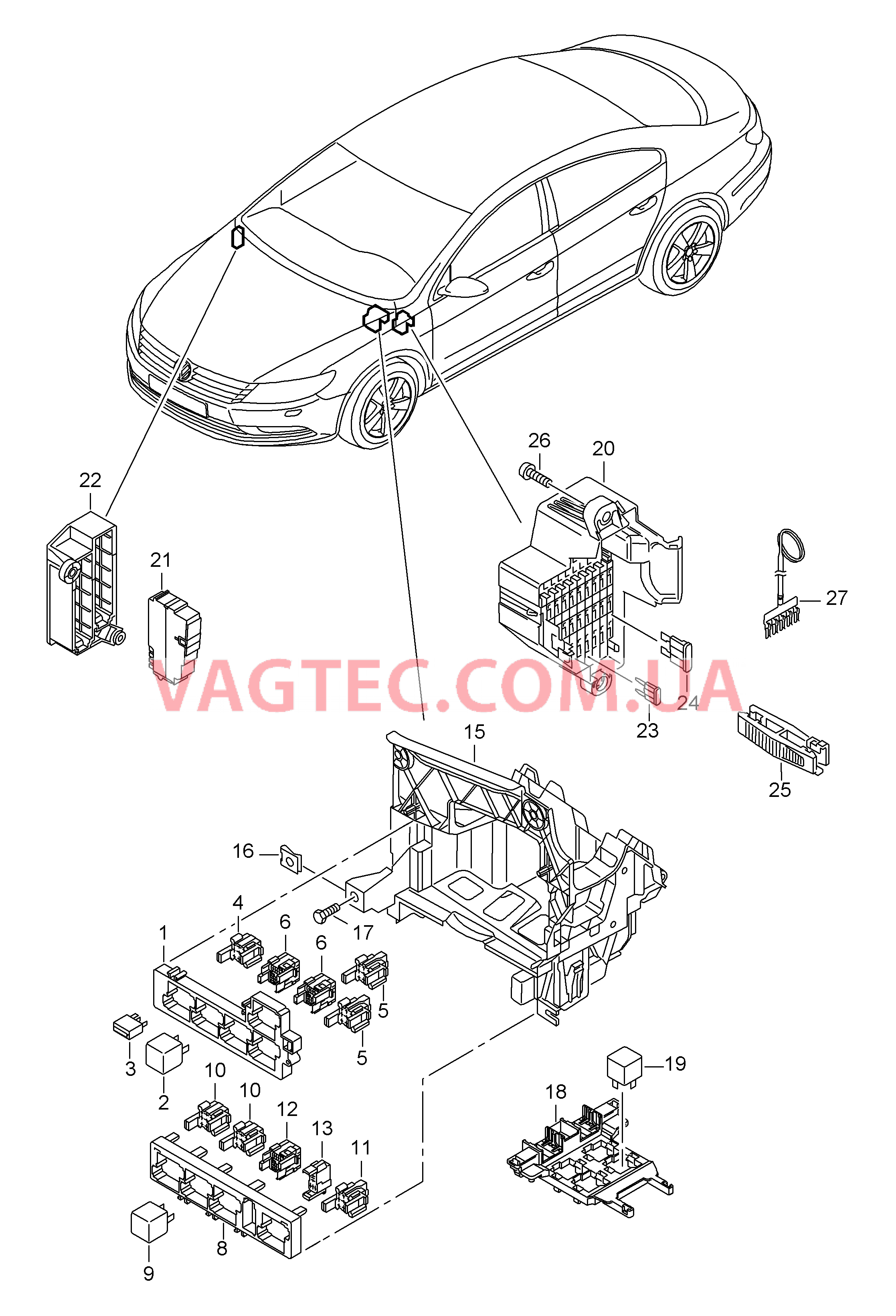 Коммутац. бл., гнездо предохранителя, колодка реле и реле  для VOLKSWAGEN CC 2012