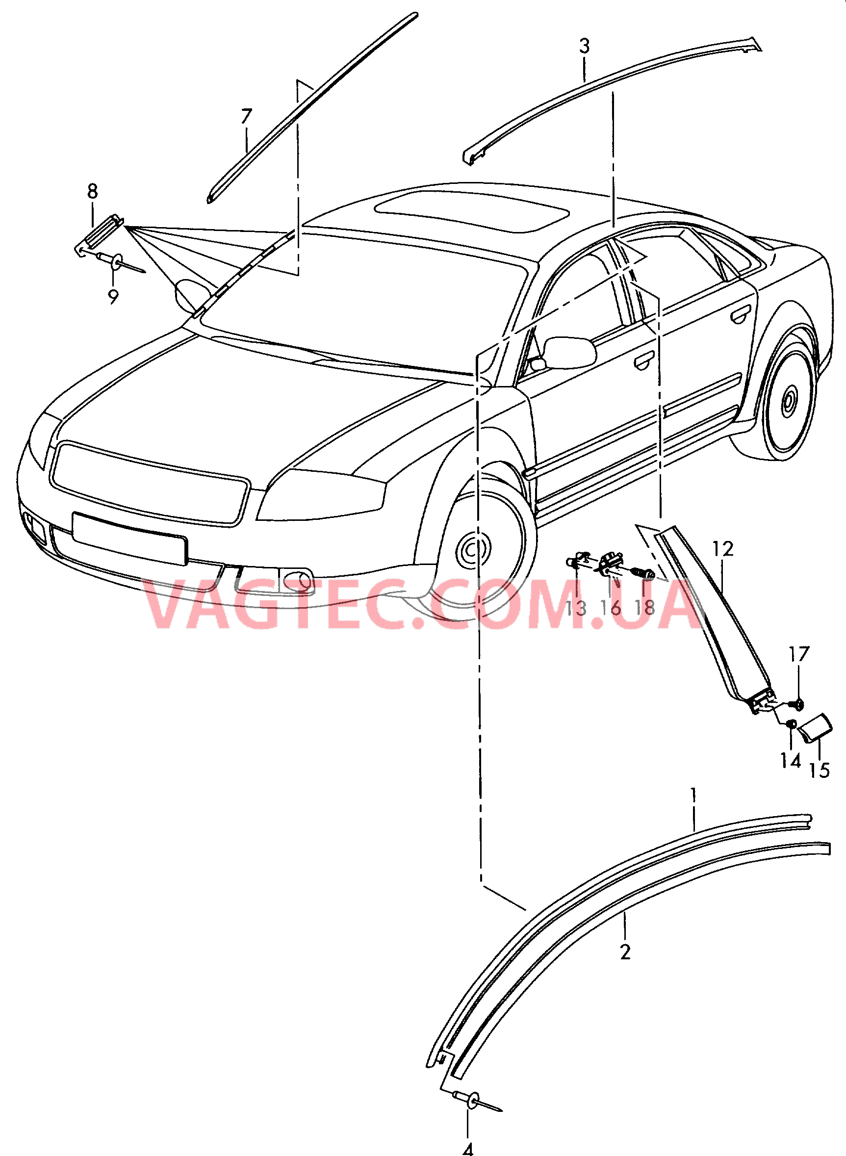 Молдинги для крыши Водоотводящий щиток Накладка для стойки В  для AUDI A8Q 2003-1