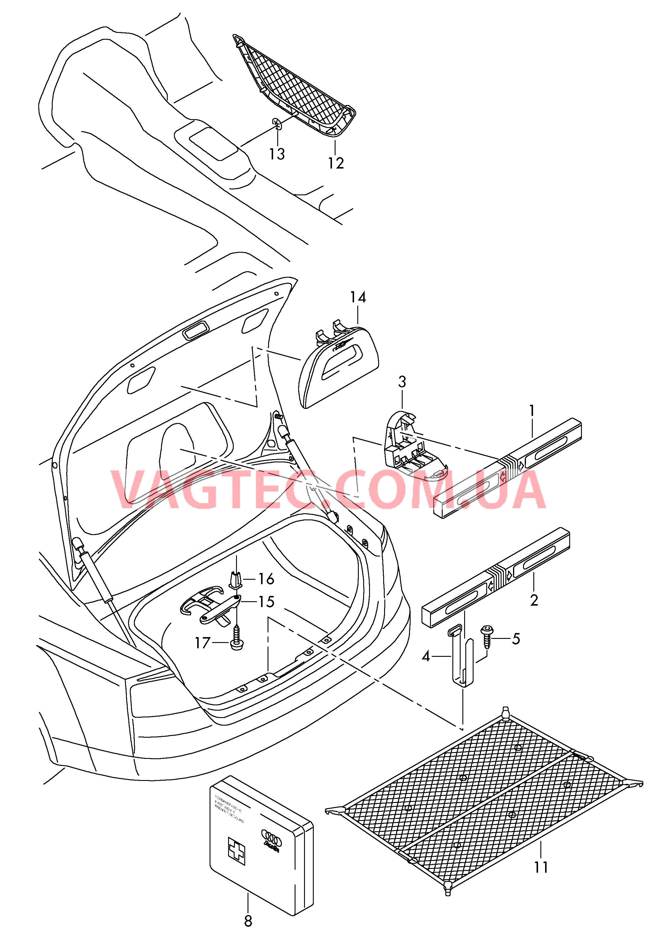 Знак аварийной остановки Кронштейн знака авар. останов. Аптечка в сумке Сетка для багажа Полка для зонта  для AUDI A8 2011