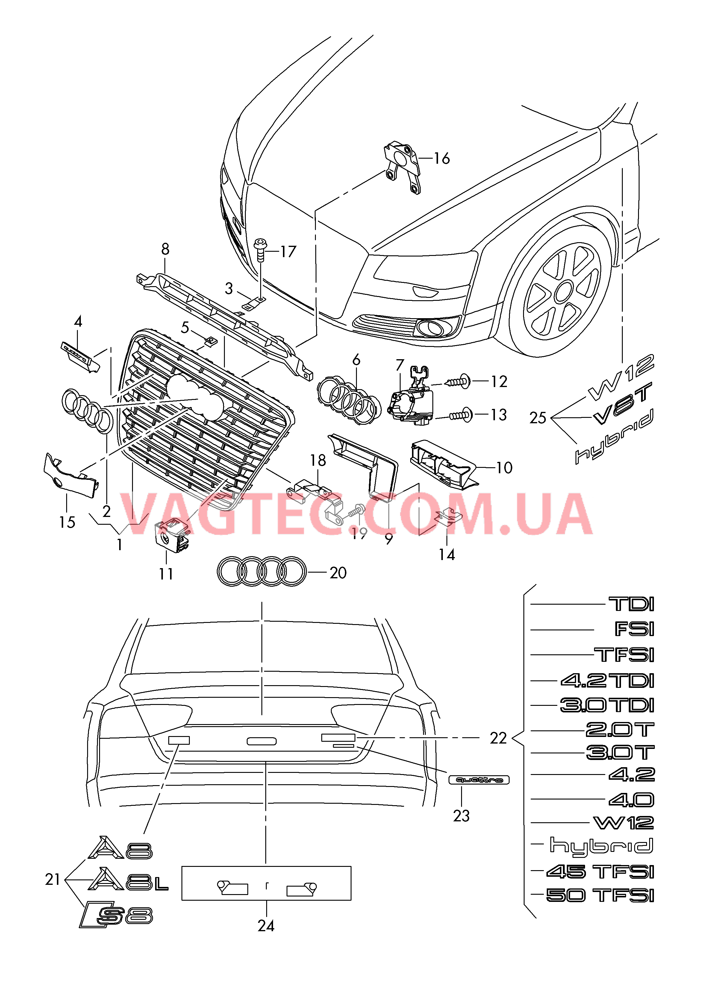 Решётка радиатора Надписи  для AUDI A8 2011