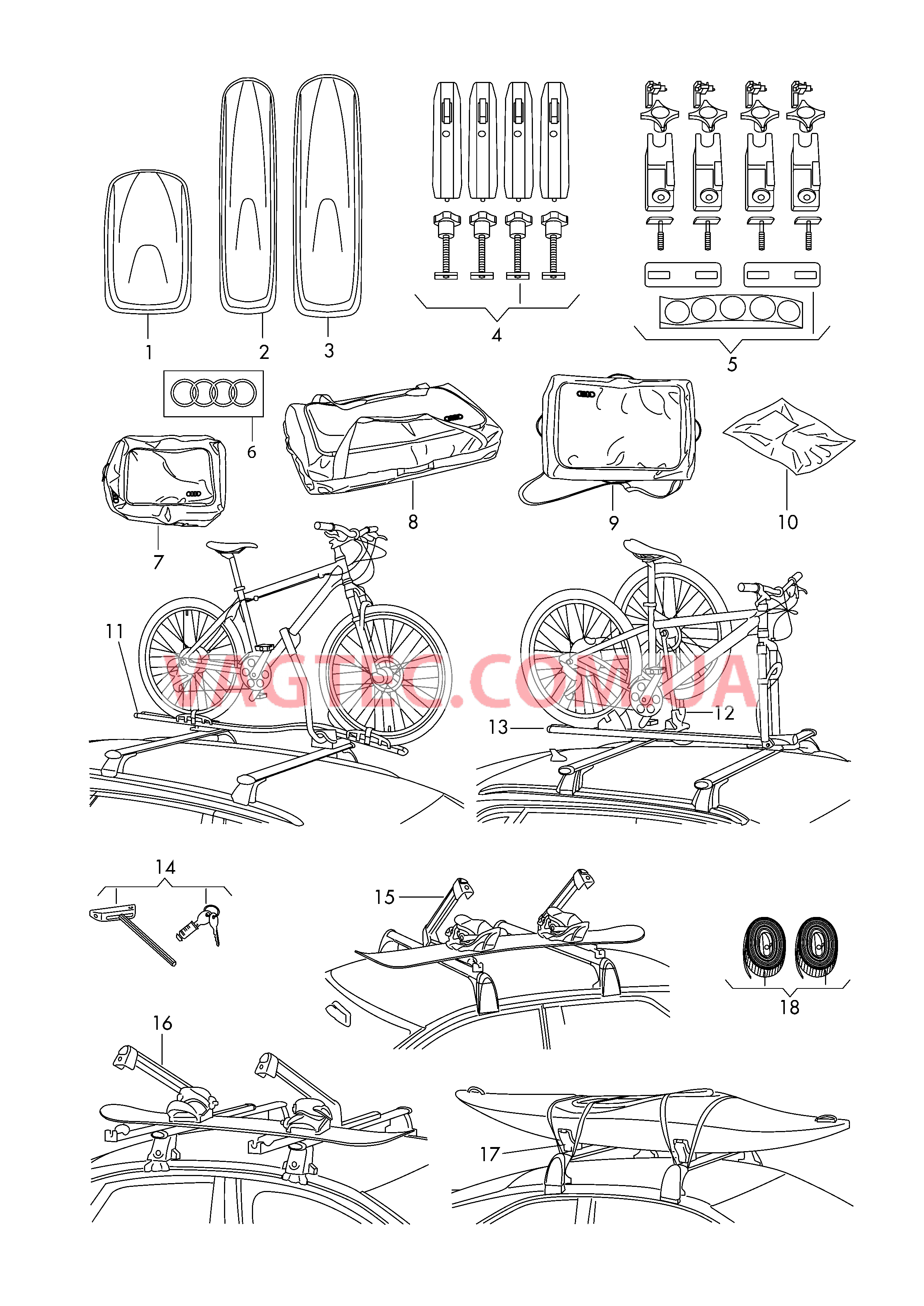 Оригинальные аксессуары Ящик д/ перевозки лыж и багажа Запасной ключ Крепление для велосипедов Держатель лыж и сноуборда Крепление для перевозки каяка   для AUDI RS3 2017