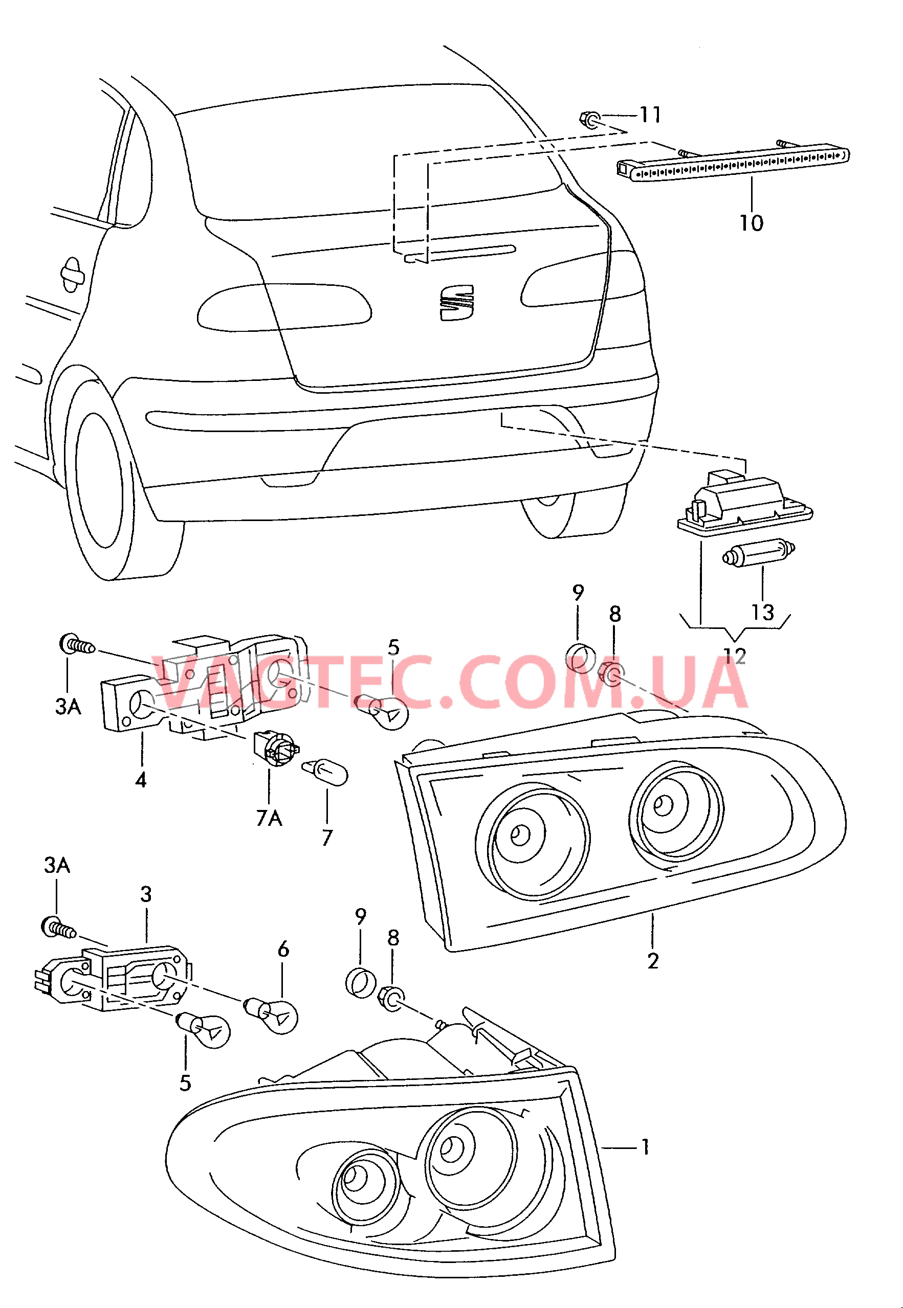 Фонарь стоп-сигн., стояночного света и указателей поворотов  Верхний стоп-сигнал Плафон освещ. номерного знака  для SEAT CO 2005