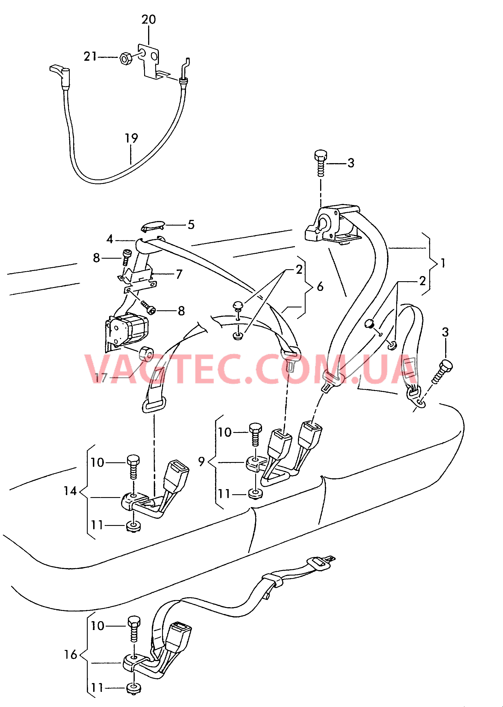 Трехточечный ремень безопасности с замком ремня безопаснос. для заднего многоместного сид.  для SEAT Leon 2001