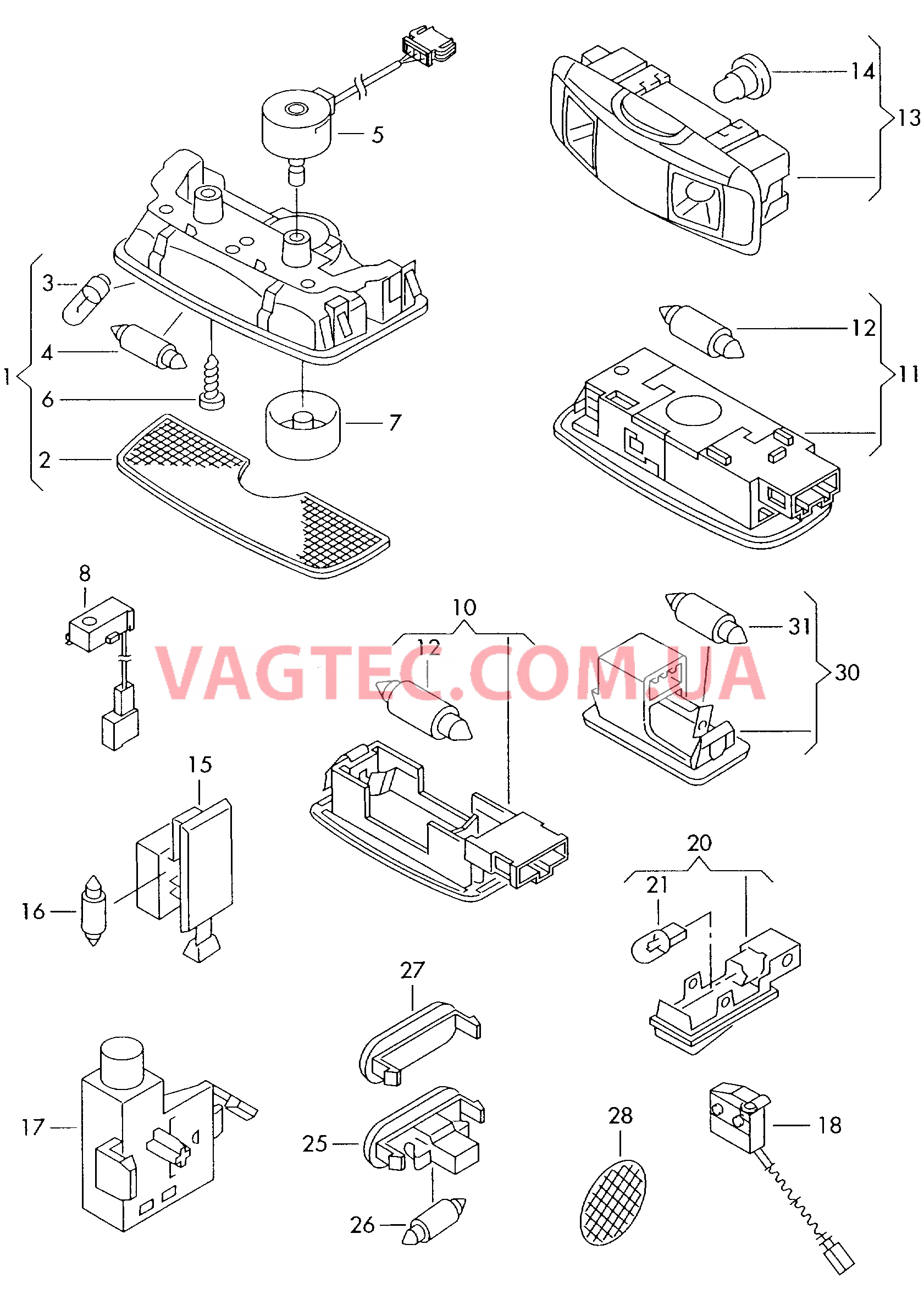 Плафон салона с фонар.д.чтения Косметическая лампа Плафон осв. в крышке вещ.ящика Выключатель подсветки вещевого ящика  Выключатель для контроля ручного тормоза Освещение багажника Предупрежд. фонарь двери Cветовозвращатель  для VOLKSWAGEN Bora 2003