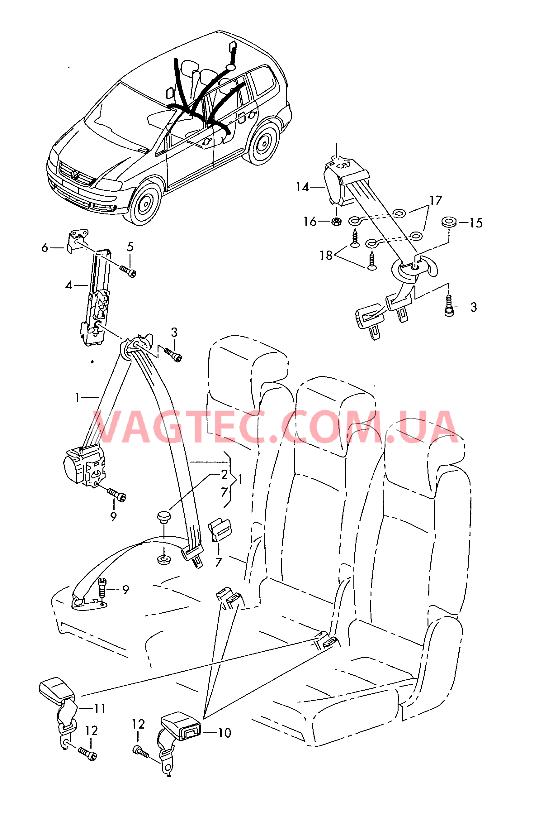 3-точечный ремень безопасности в пассажирском салоне  для VOLKSWAGEN Touran 2005