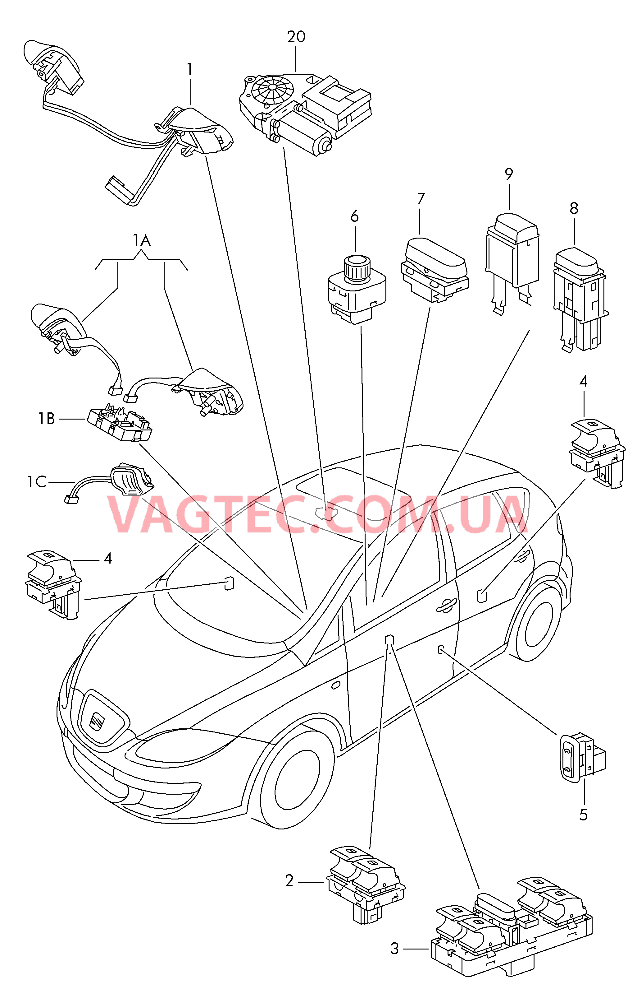Многофункциональные клавиши для рулевого колеса  Выключатель в обивке двери Выключатель в централ. консоли Мотор привода люка  для SEAT Altea 2014