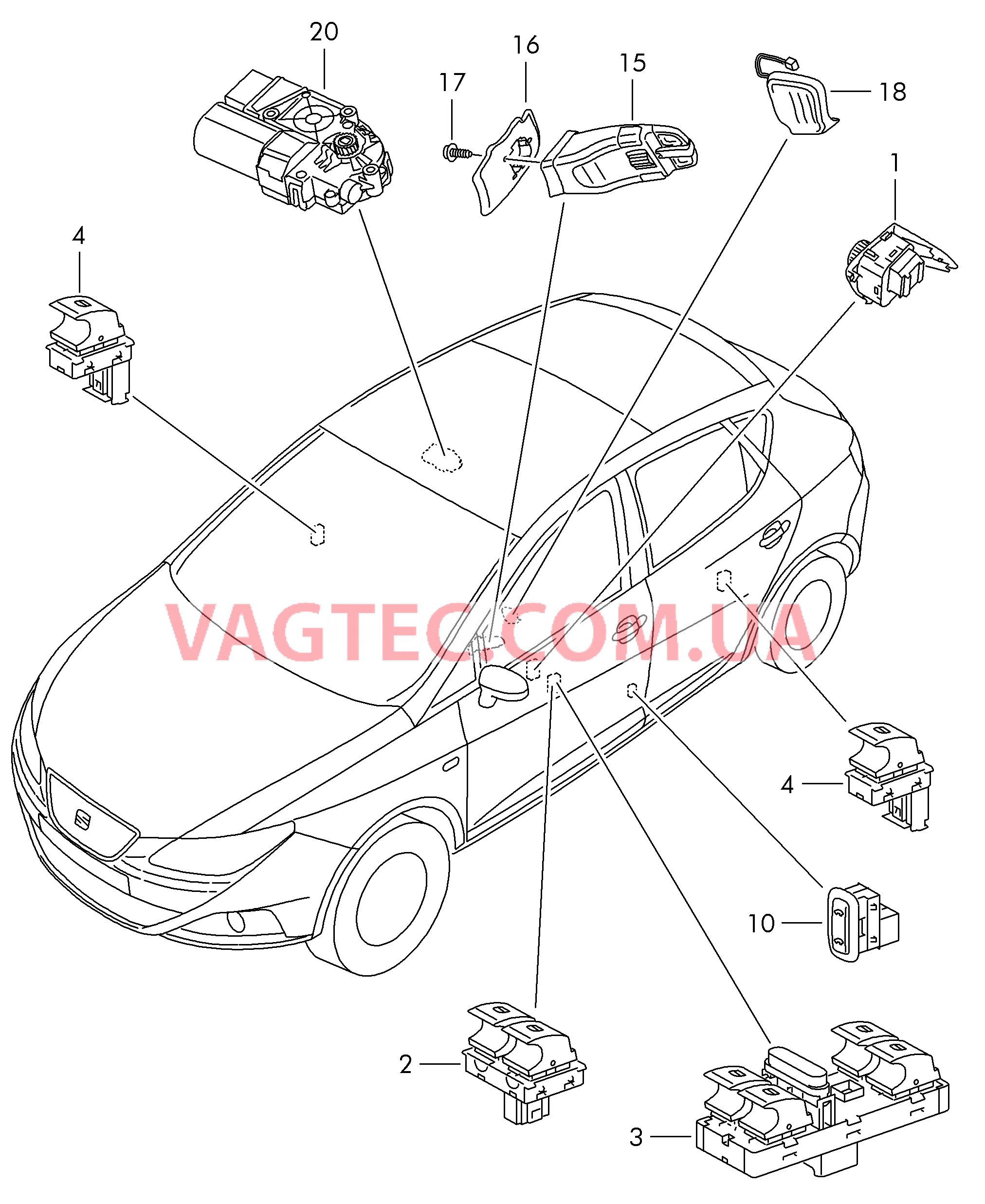 Выключатель в обивке двери Cтойка B внутри Выключатель для рации Клавиша для TIРTRONIC Мотор привода люка  для SEAT Ibiza 2015