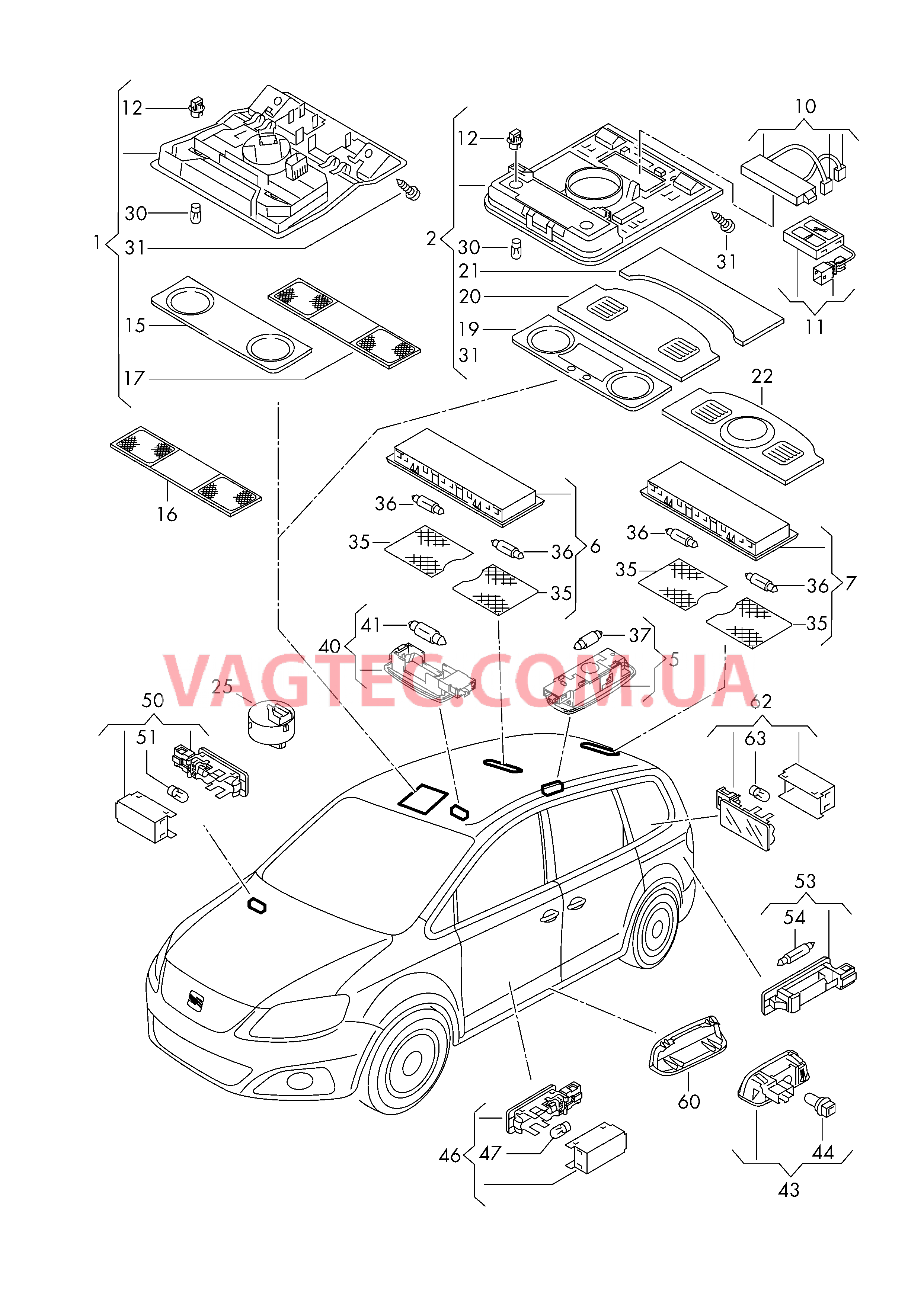 Плафон салона с фонар.д.чтения Косметическая лампа Подсветка вещевого ящика Подсветка порогов Освещение пространства для ног Освещение багажного отделения Cветовозвращатель  для SEAT Alhambra 2016