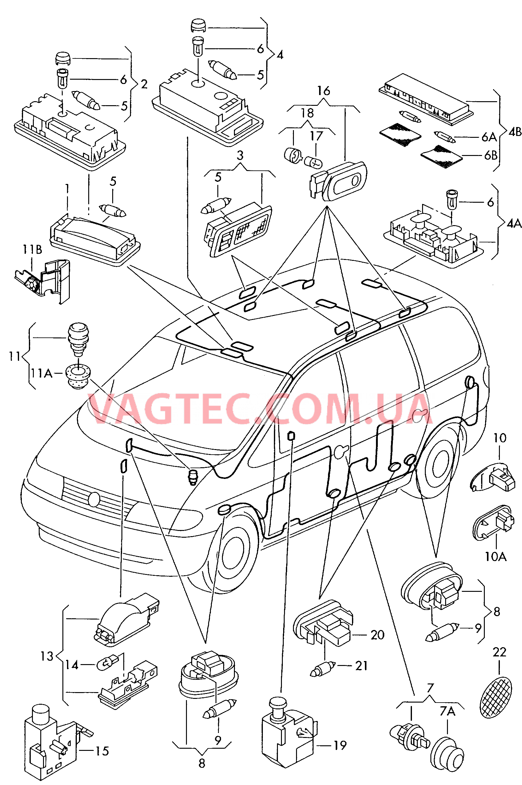 Плафон Плафон освещения мотор. отсека Освещение пространства для ног Освещение багажника Плафон осв. в крышке вещ.ящика Плафон для чтения Выключатель для контроля ручного тормоза Предупрежд. фонарь двери Cветовозвращатель  для VOLKSWAGEN Sharan 2002