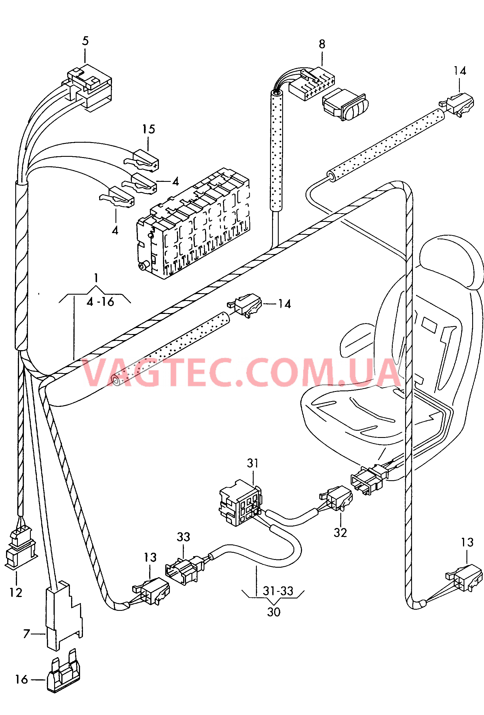Жгут проводов подогр. сиденья и/или Ветровое стекло (многослойное) с обогревом  Жгут проводов подогр. сиденья F 7M-T-525 001>> 7M-W-507 061* для SEAT Alhambra 2000