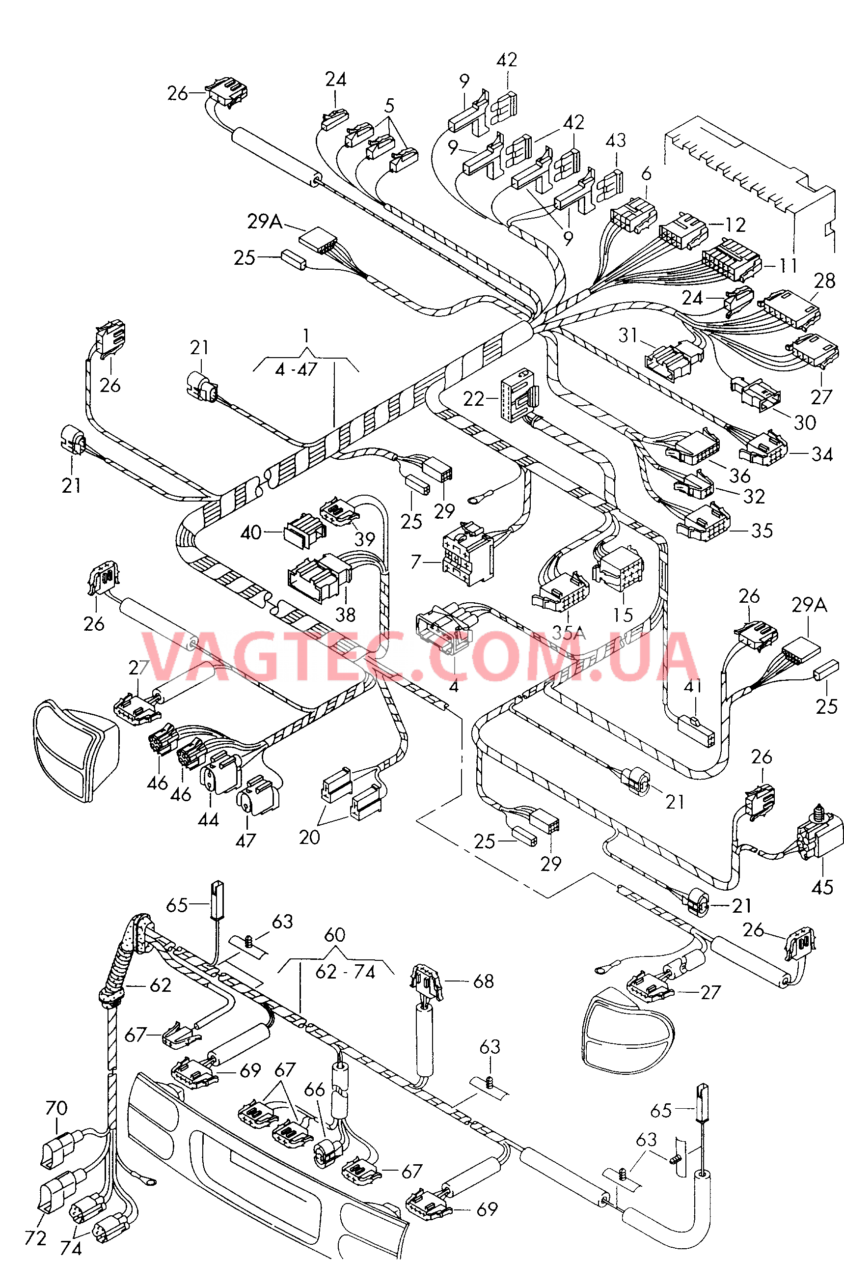 Жгут проводов задний Детали нижней части кузова  ------------------------------   см. панель иллюстраций: ------------------------------ Жгут проводов двери багажного отсека   F 7M-V-020 001>> 7M-W-021 025*  F 7M-W-021 026>> F 7M-V-020 001>>* для VOLKSWAGEN Sharan 2000