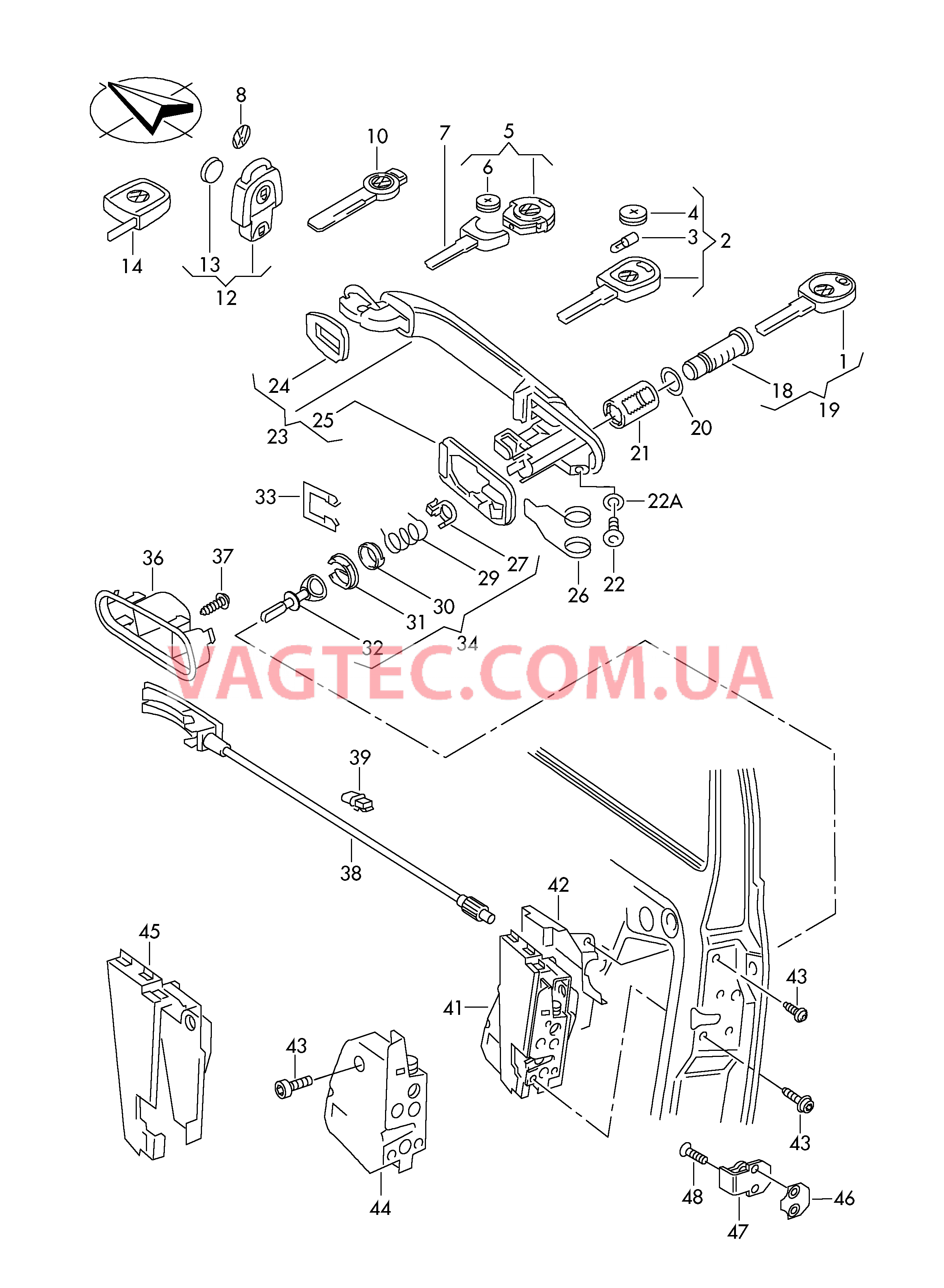 Ключ Ручка двери снаружи Рычаг привода дверного замка Замок двери К-т личинок замков  для VOLKSWAGEN Sharan 2008