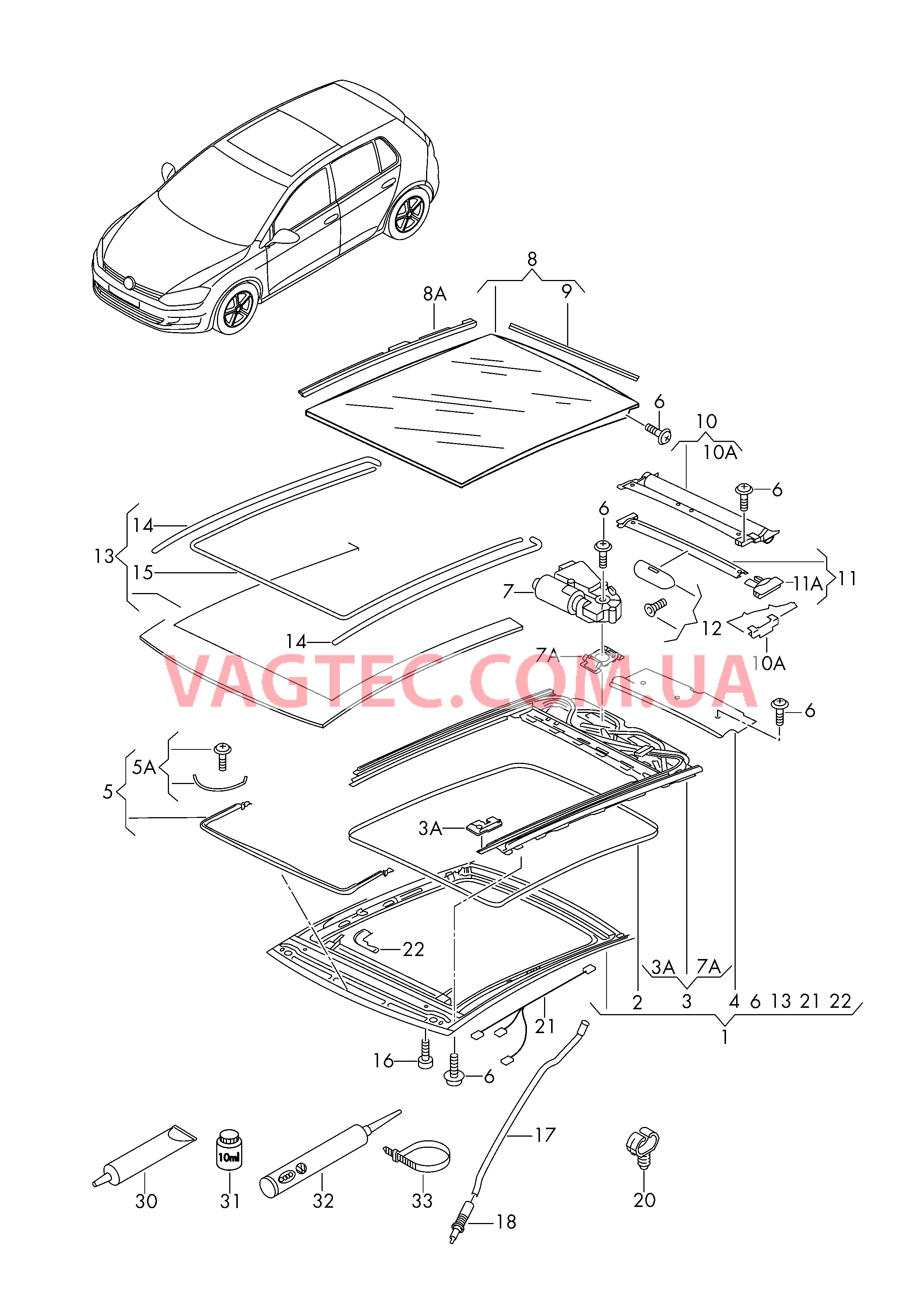 Панорамная стеклянная крыша  для VOLKSWAGEN GOLF 2013-2