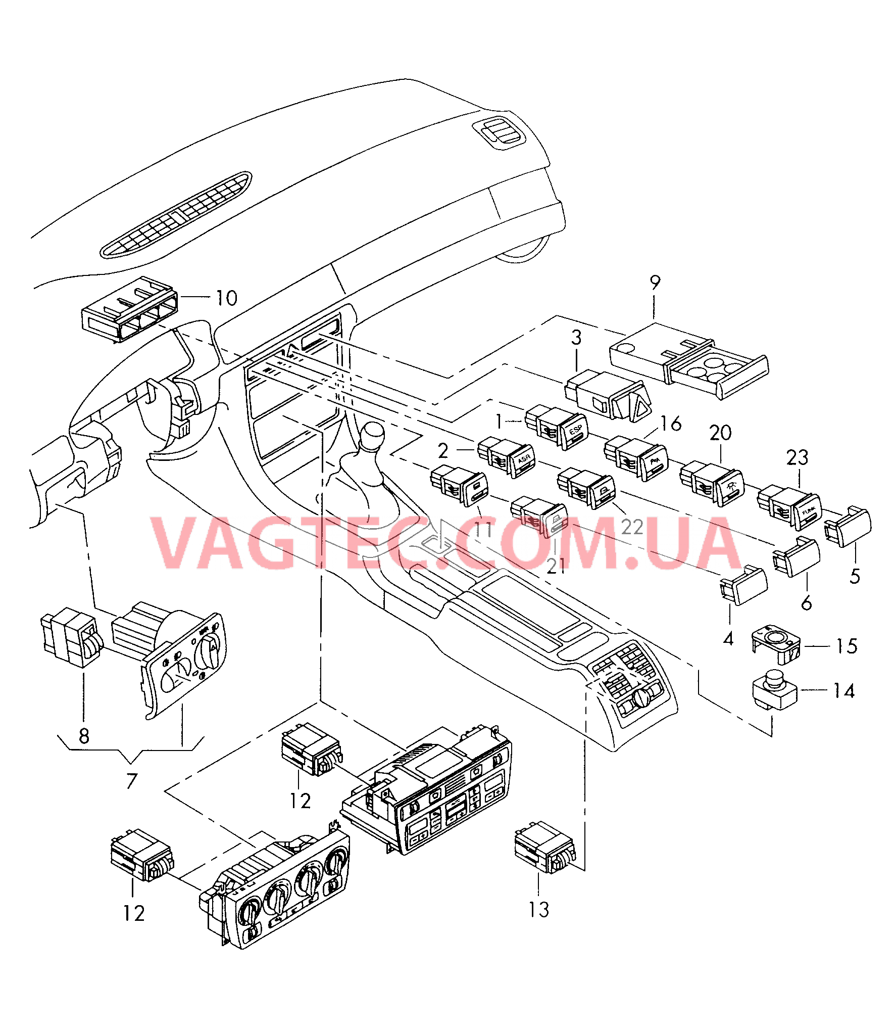 Выключатель в централ. консоли Выключатель в панели приборов Гнездо для выключат.  для AUDI A6Q 2000
