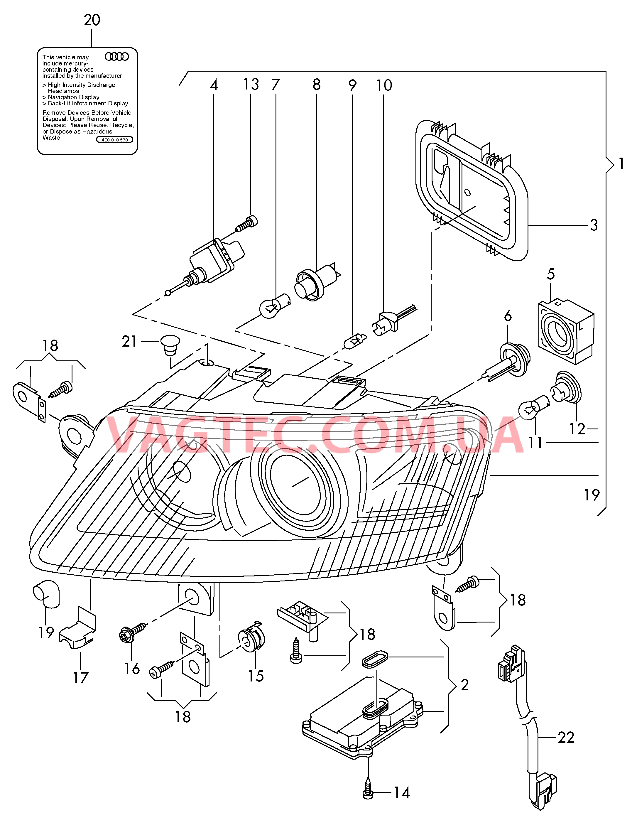 Фара для газоразрядной лампы .  для а/м с автоматическим корректором фар  для AUDI A6Q 2010