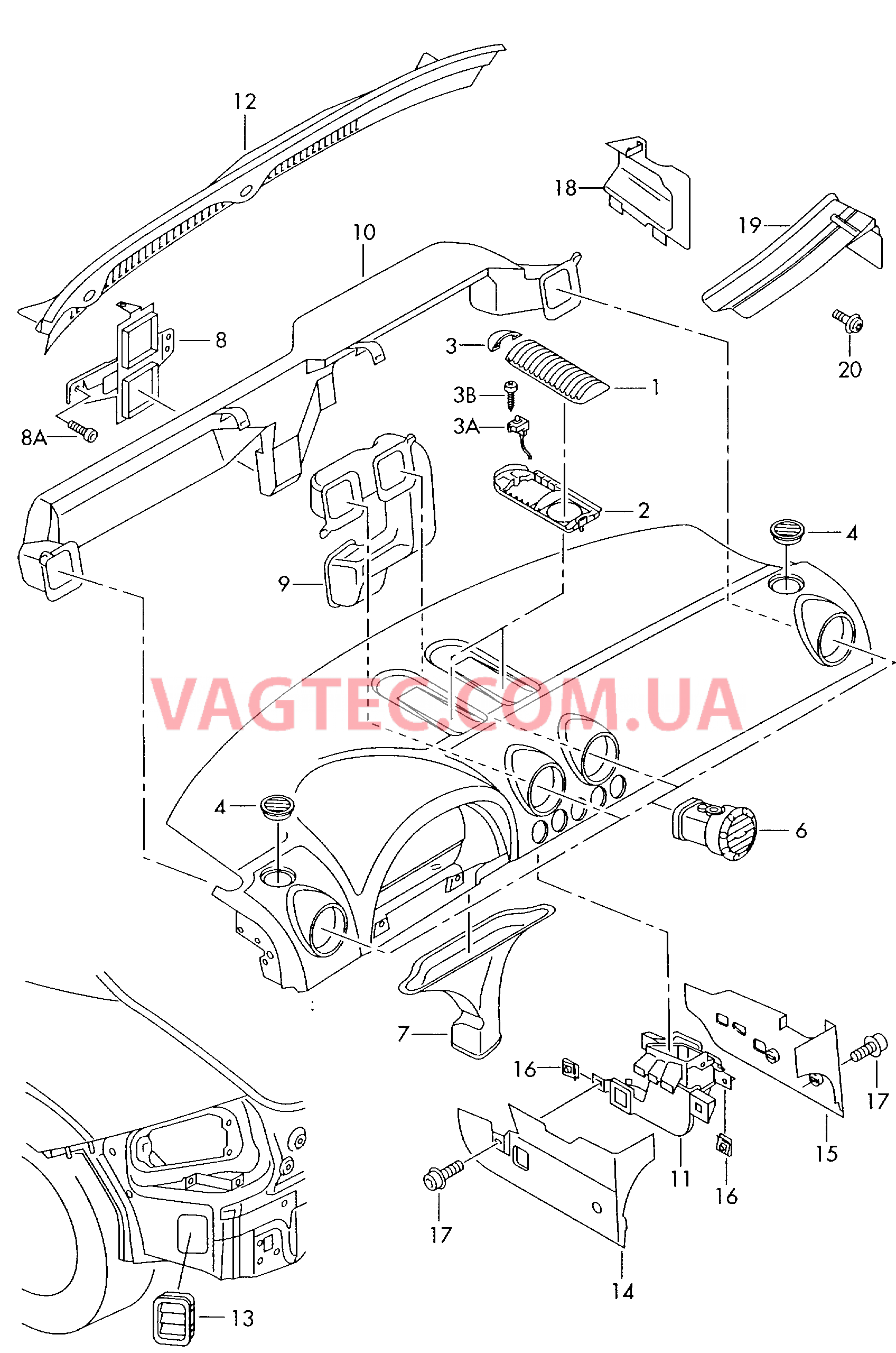 Возд. канал для обог. простр. для ног, возд. шланги и дефл.  Водоотводящий щиток  для AUDI TT 2006